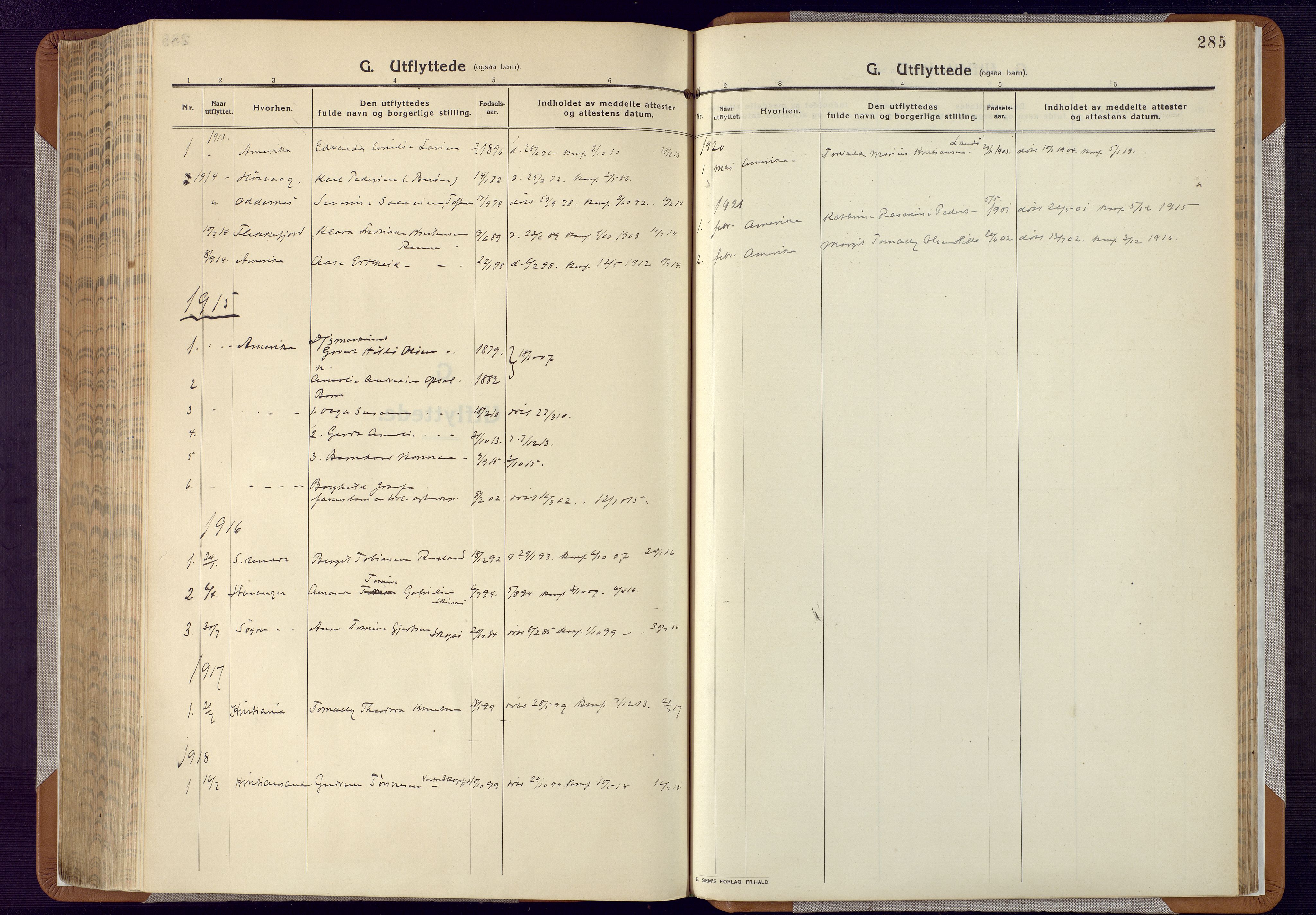 Mandal sokneprestkontor, AV/SAK-1111-0030/F/Fa/Faa/L0022: Parish register (official) no. A 22, 1913-1925, p. 285