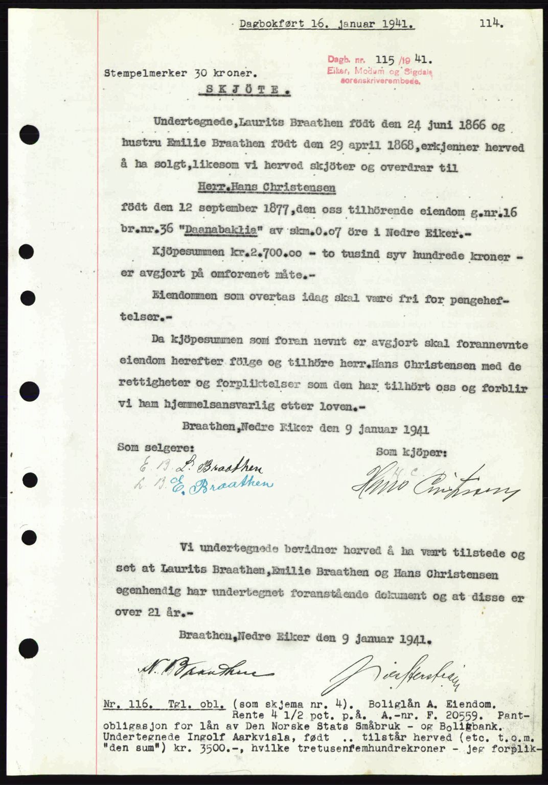 Eiker, Modum og Sigdal sorenskriveri, SAKO/A-123/G/Ga/Gab/L0043: Mortgage book no. A13, 1940-1941, Diary no: : 115/1941