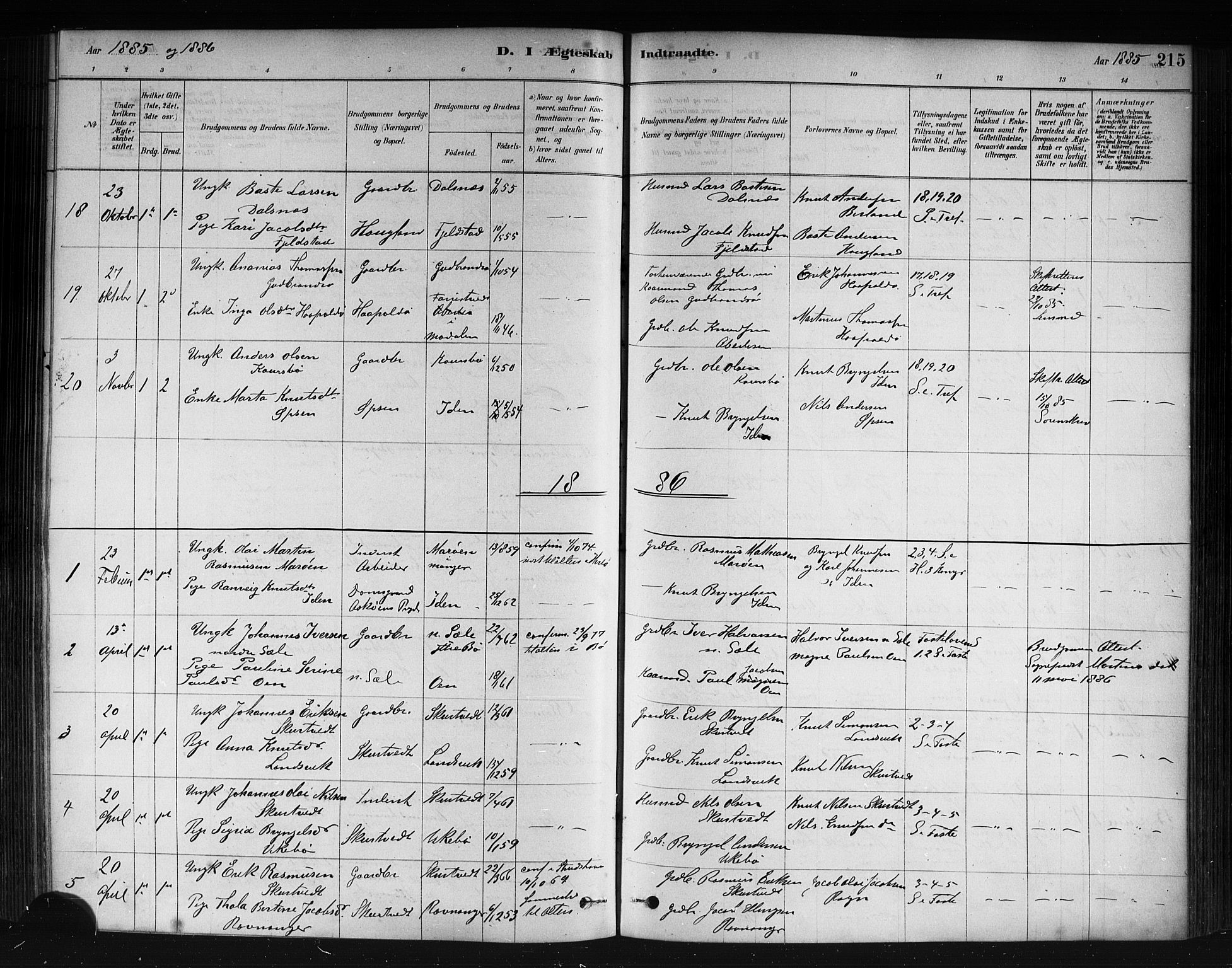 Herdla Sokneprestembete, AV/SAB-A-75701/H/Haa: Parish register (official) no. A 3, 1878-1890, p. 215