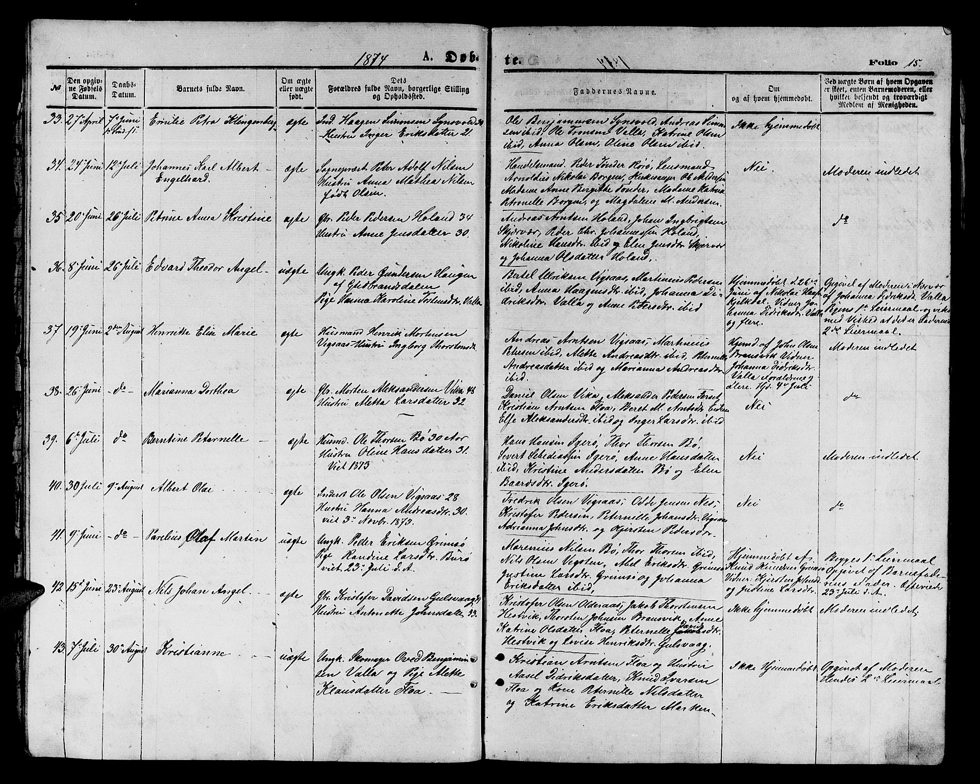 Ministerialprotokoller, klokkerbøker og fødselsregistre - Nordland, AV/SAT-A-1459/816/L0252: Parish register (copy) no. 816C02, 1871-1885, p. 15