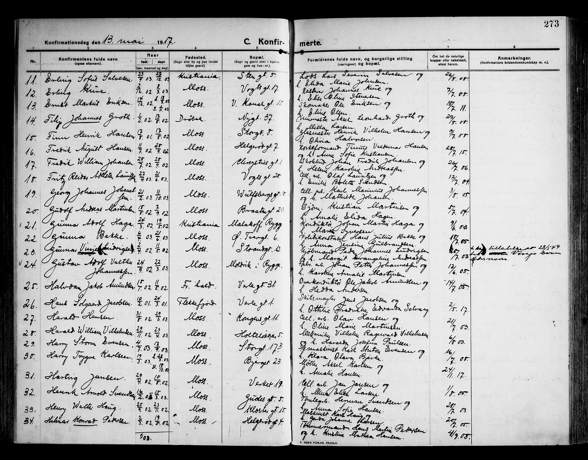 Moss prestekontor Kirkebøker, AV/SAO-A-2003/F/Fb/L0005: Parish register (official) no. II 5, 1913-1923, p. 273