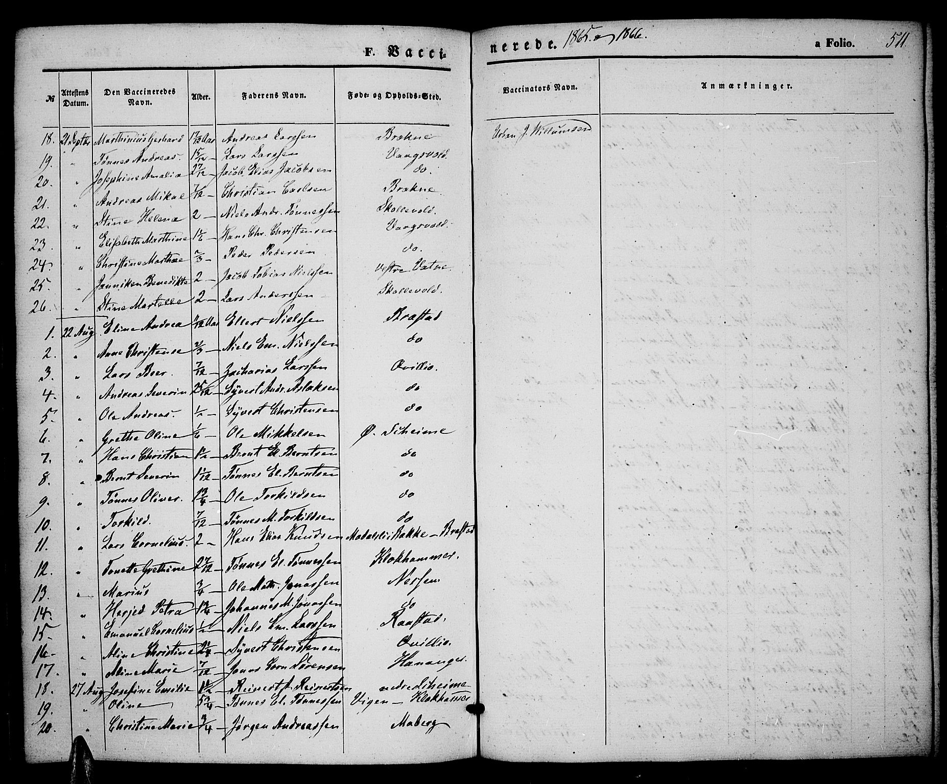 Lista sokneprestkontor, AV/SAK-1111-0027/F/Fb/L0003: Parish register (copy) no. B 3, 1862-1877, p. 511