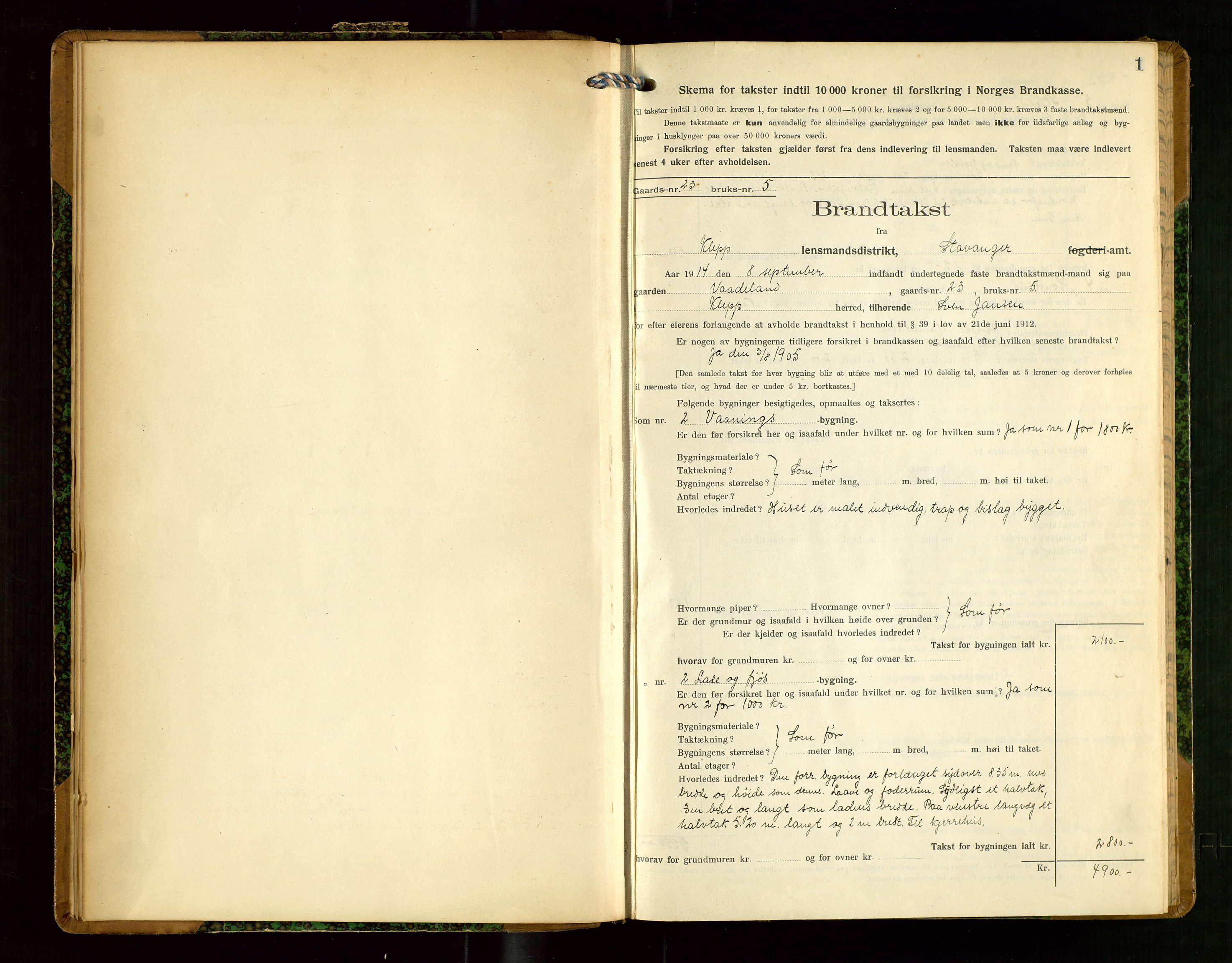 Klepp lensmannskontor, SAST/A-100163/Goc/L0008: "Brandtakstprotokol" m/register, 1914-1917, p. 1