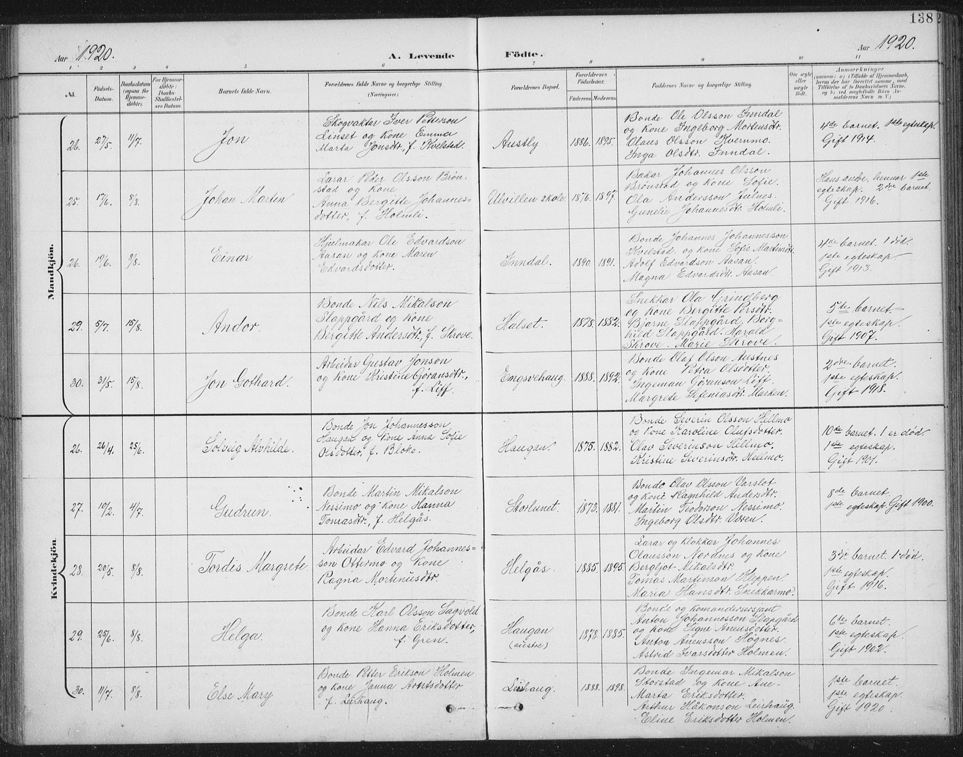 Ministerialprotokoller, klokkerbøker og fødselsregistre - Nord-Trøndelag, AV/SAT-A-1458/724/L0269: Parish register (copy) no. 724C05, 1899-1920, p. 138