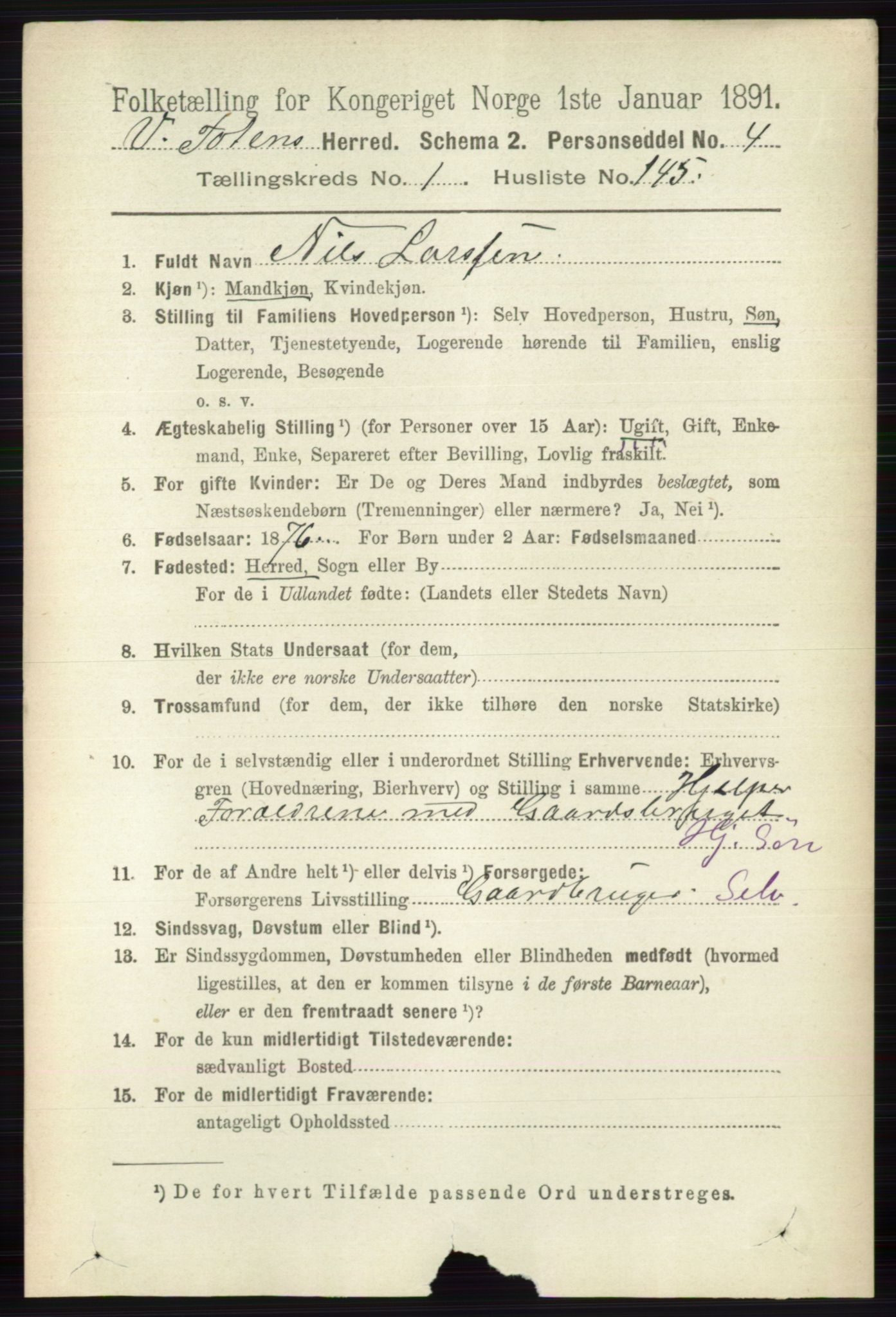 RA, 1891 census for 0529 Vestre Toten, 1891, p. 1286