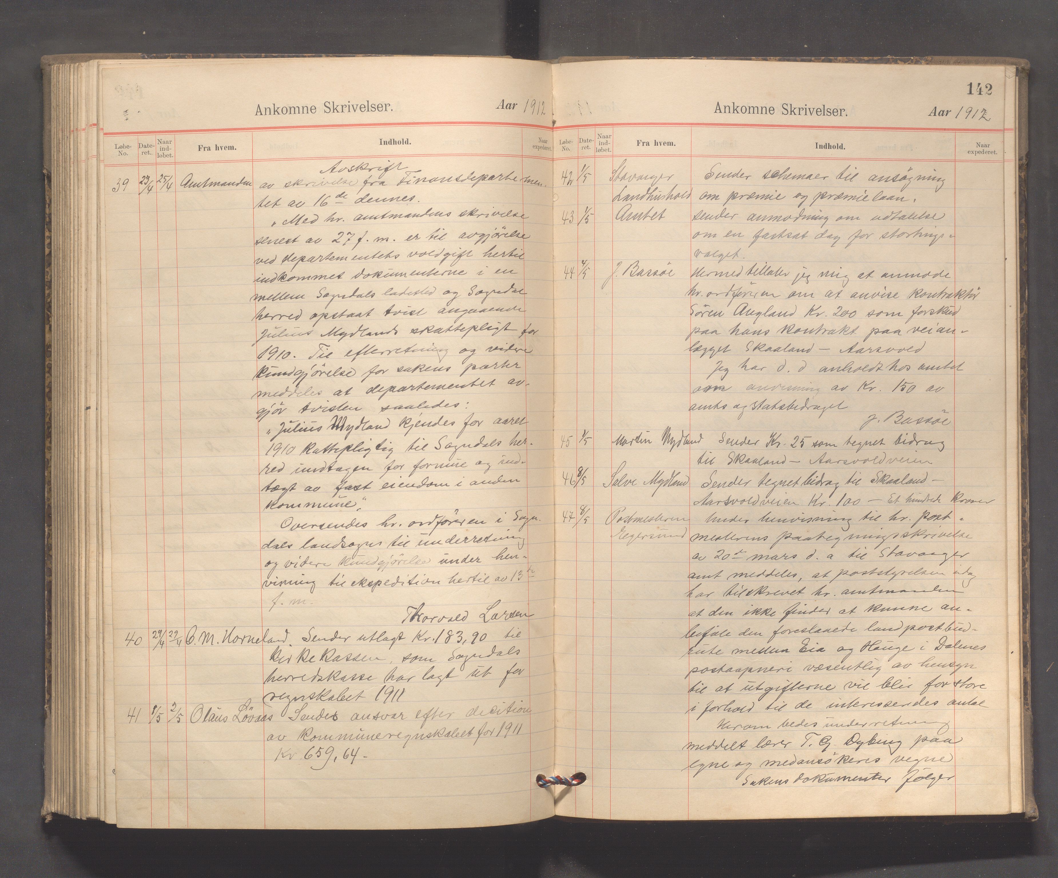 Sokndal kommune - Formannskapet/Sentraladministrasjonen, IKAR/K-101099/C/Ca/L0003: Journal, 1904-1912, p. 142