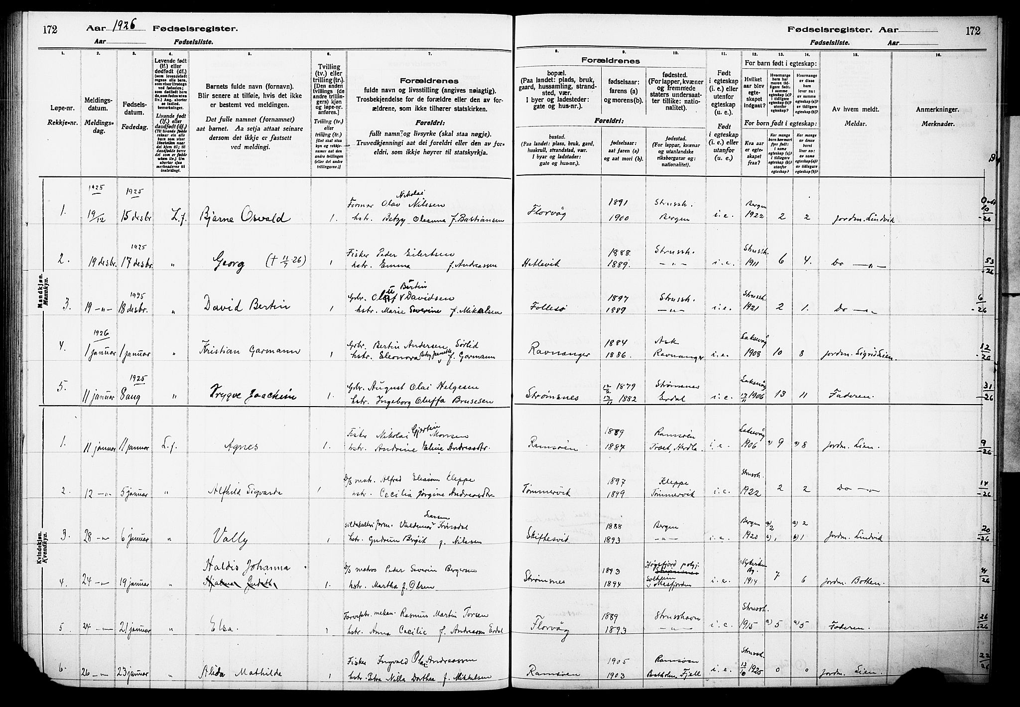 Askøy Sokneprestembete, AV/SAB-A-74101/I/Id/L00A1: Birth register no. A 1, 1916-1928, p. 172