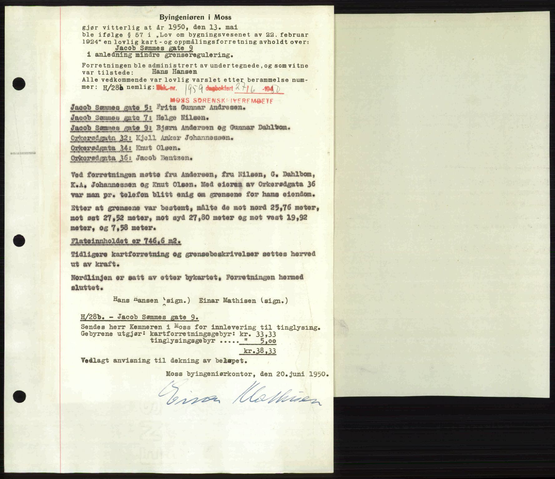 Moss sorenskriveri, AV/SAO-A-10168: Mortgage book no. A26, 1950-1950, Diary no: : 1959/1950