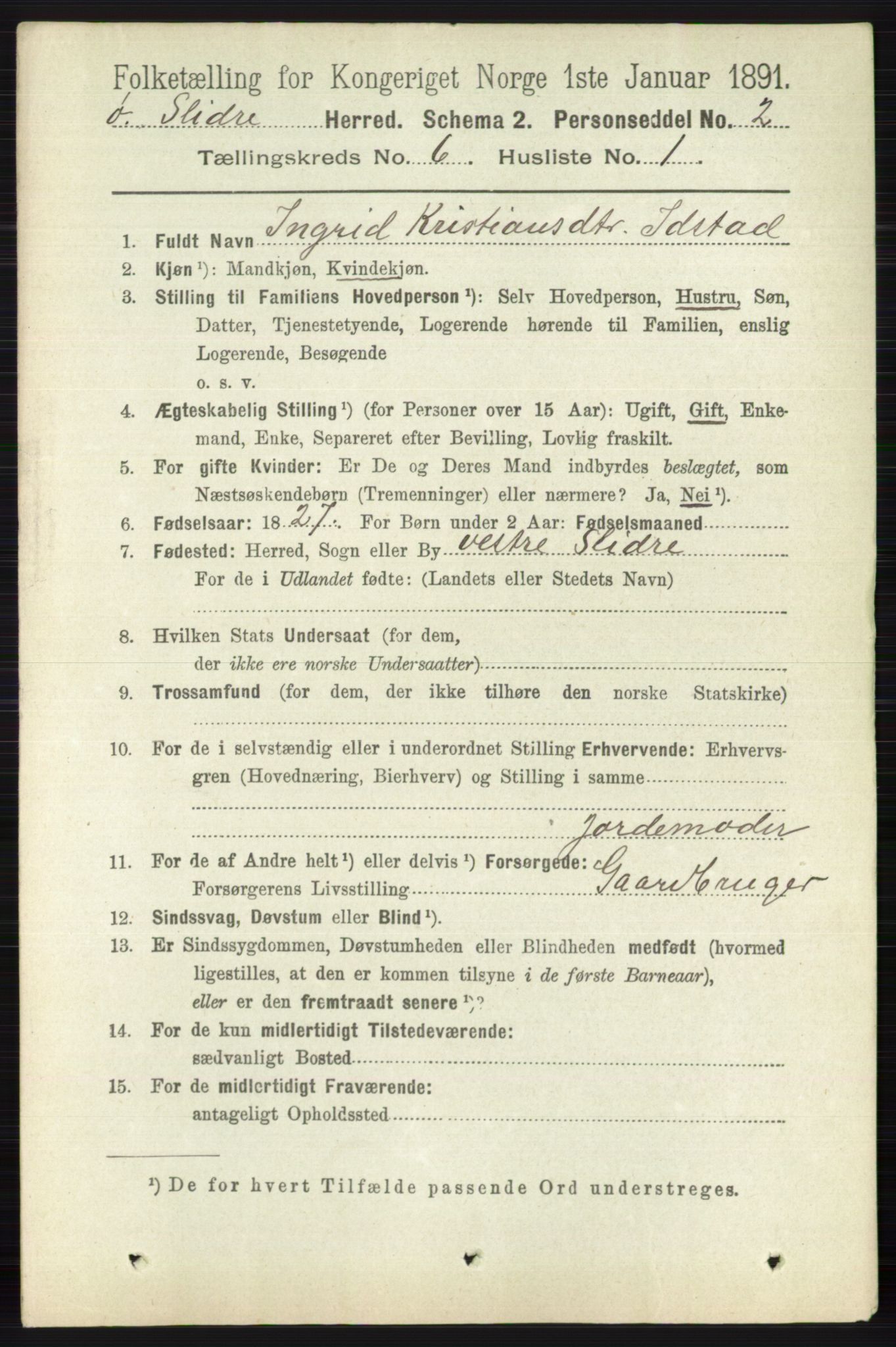 RA, 1891 census for 0544 Øystre Slidre, 1891, p. 1805