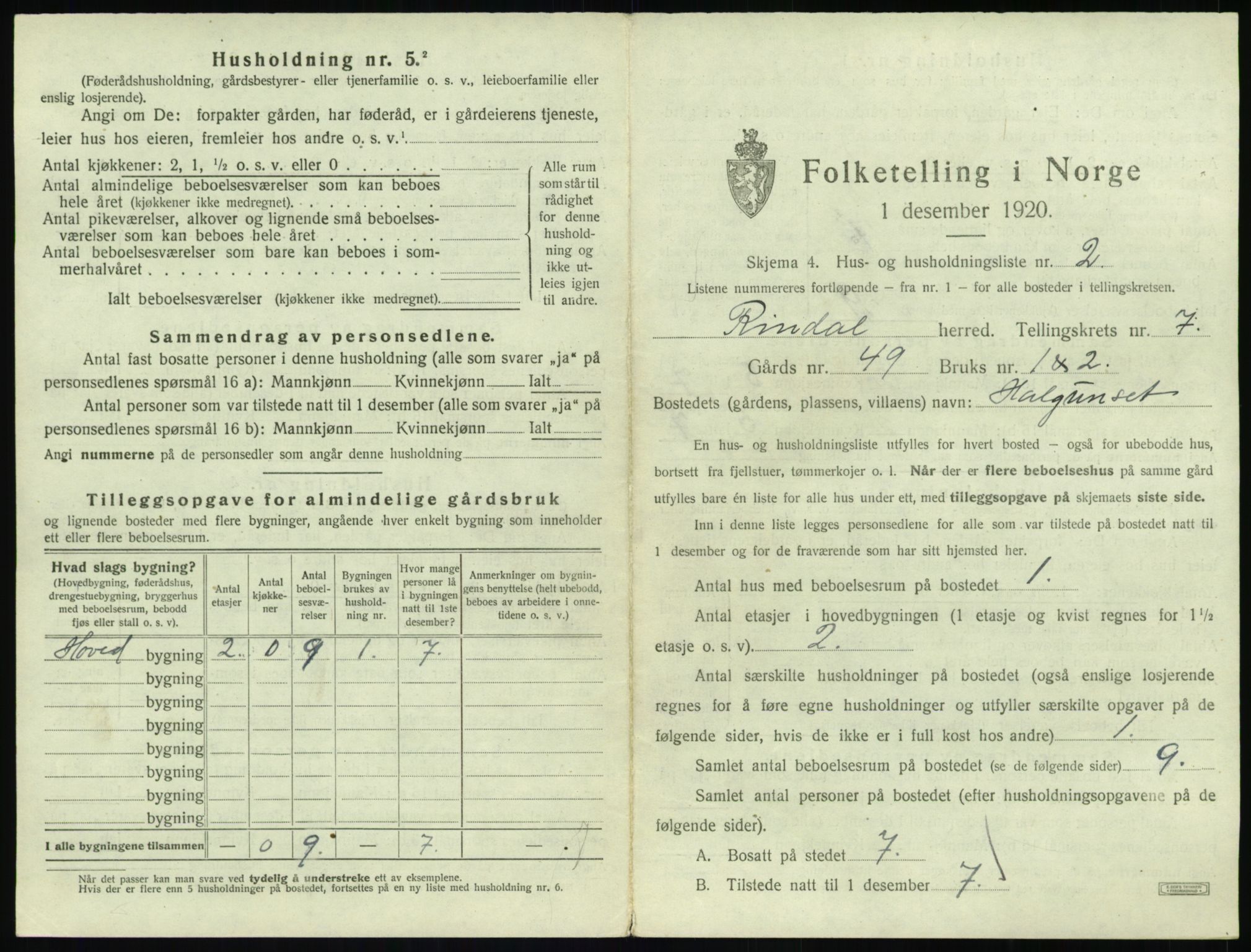 SAT, 1920 census for Rindal, 1920, p. 472