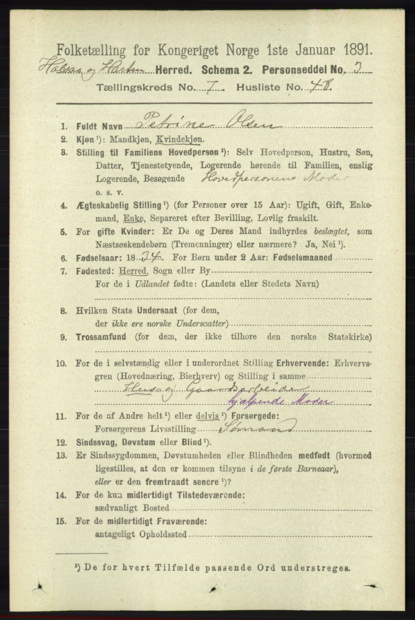 RA, 1891 census for 1019 Halse og Harkmark, 1891, p. 2990