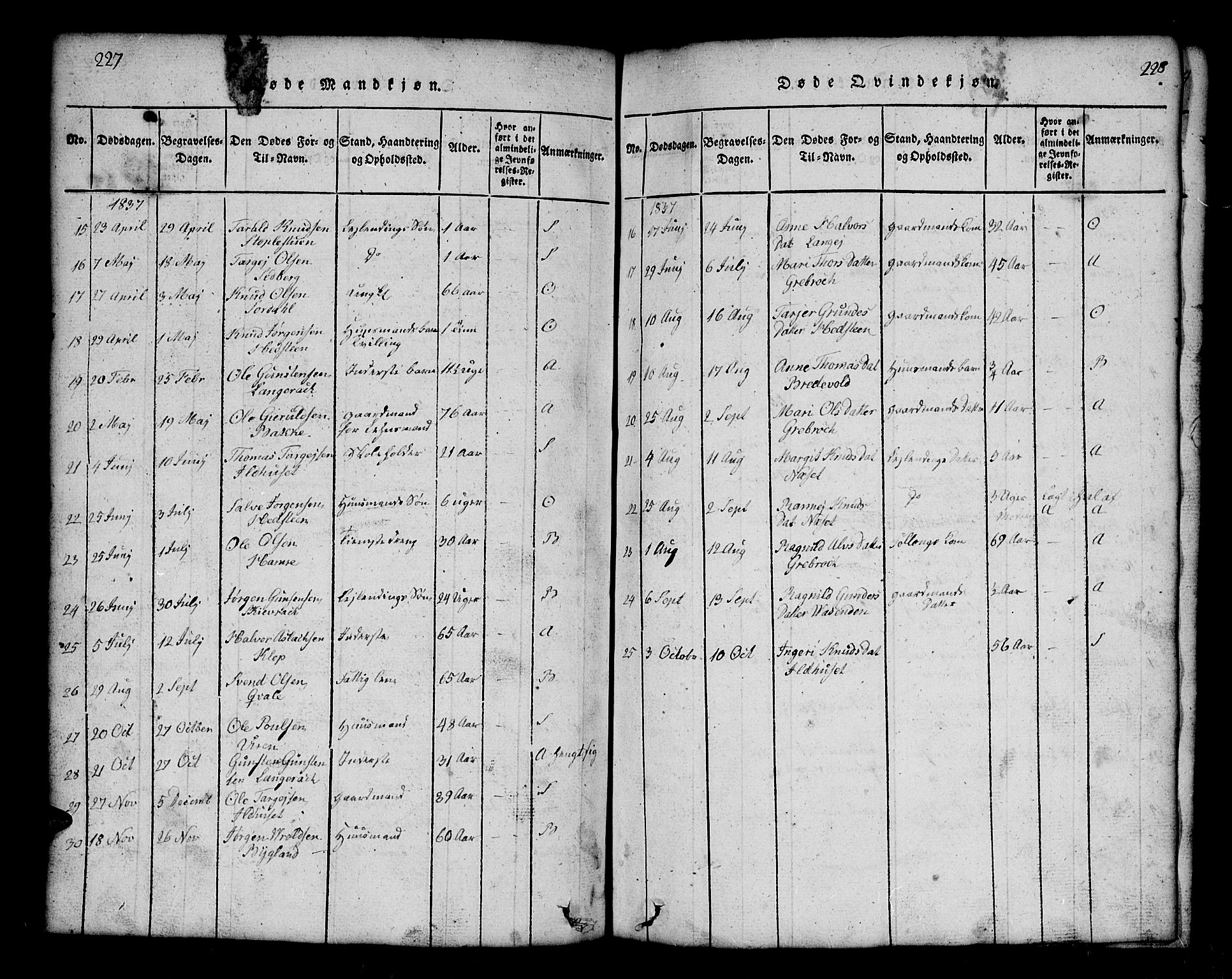 Bygland sokneprestkontor, AV/SAK-1111-0006/F/Fb/Fbb/L0001: Parish register (copy) no. B 1, 1816-1843, p. 228-229