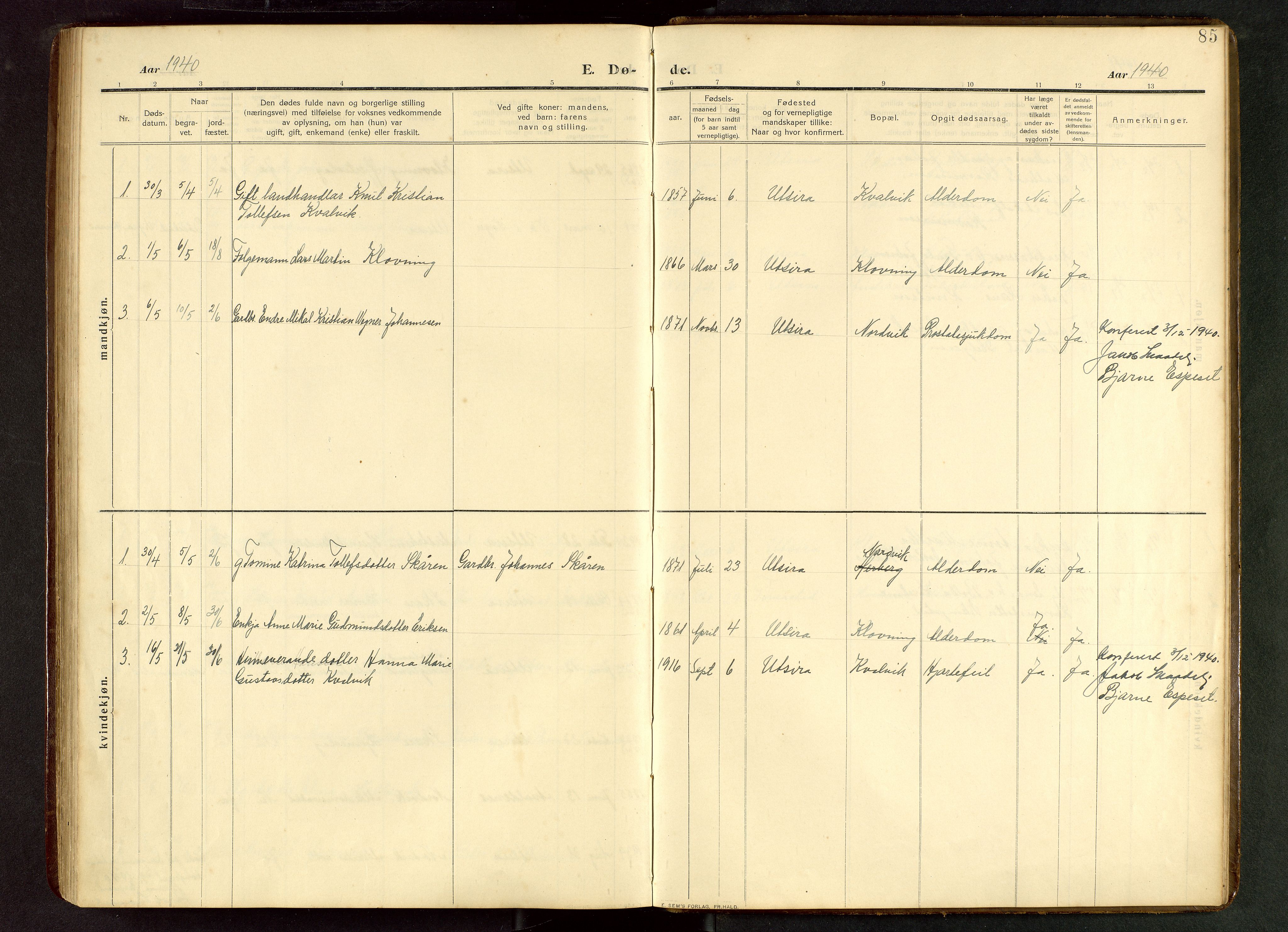 Torvastad sokneprestkontor, SAST/A -101857/H/Ha/Hab/L0012: Parish register (copy) no. B 12, 1909-1945, p. 85