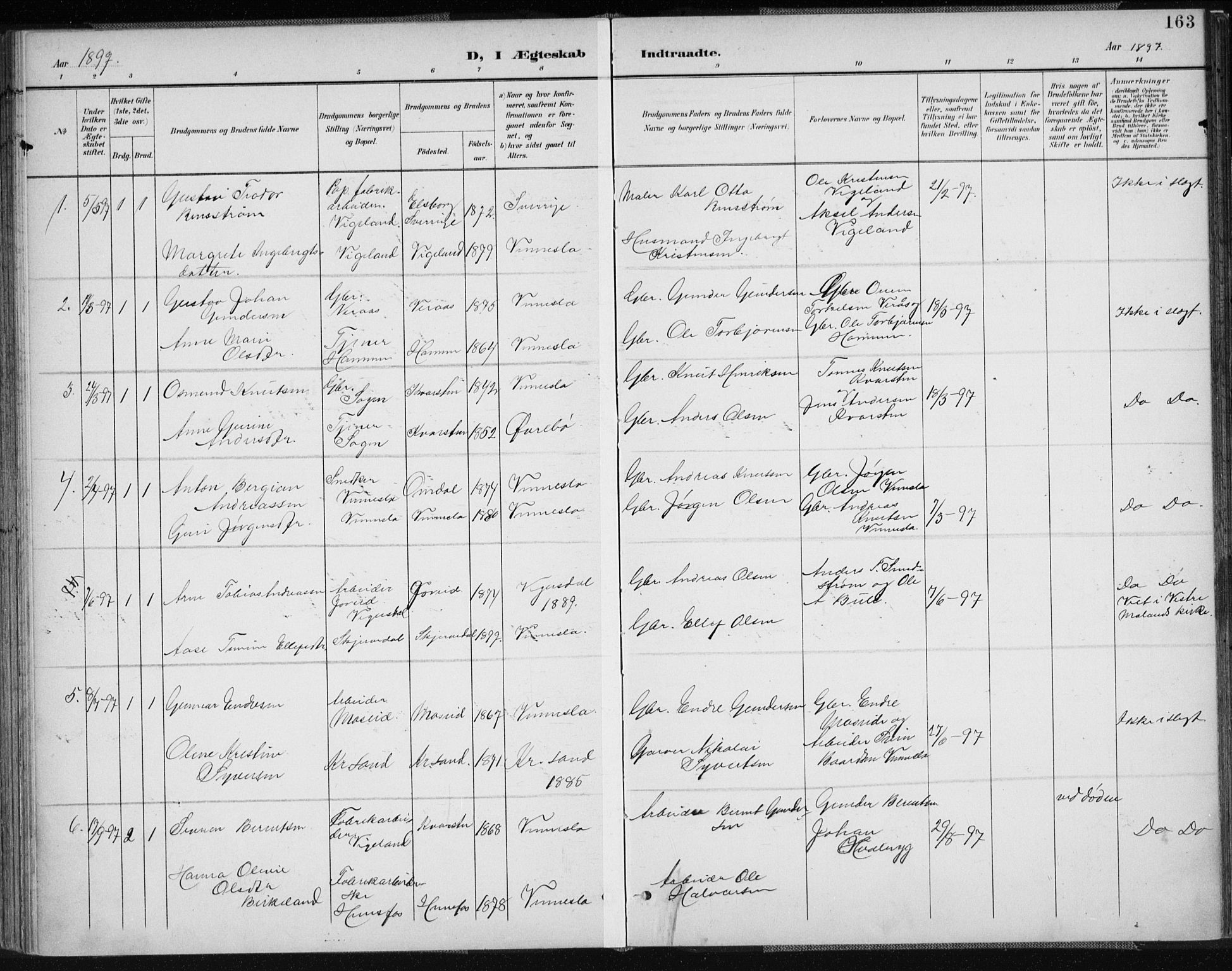 Vennesla sokneprestkontor, AV/SAK-1111-0045/Fa/Fab/L0005: Parish register (official) no. A 5, 1897-1909, p. 163