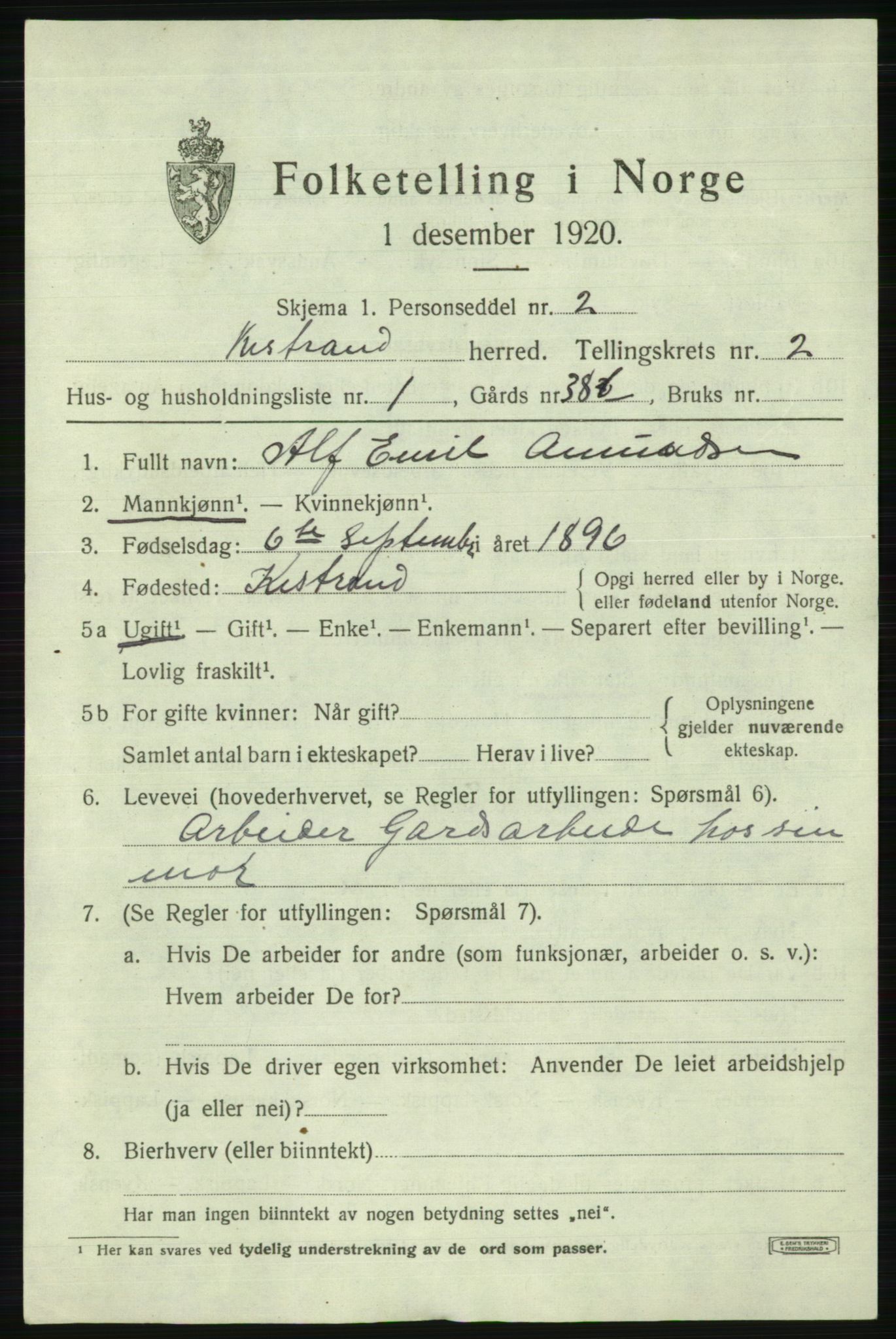 SATØ, 1920 census for Kistrand, 1920, p. 1492