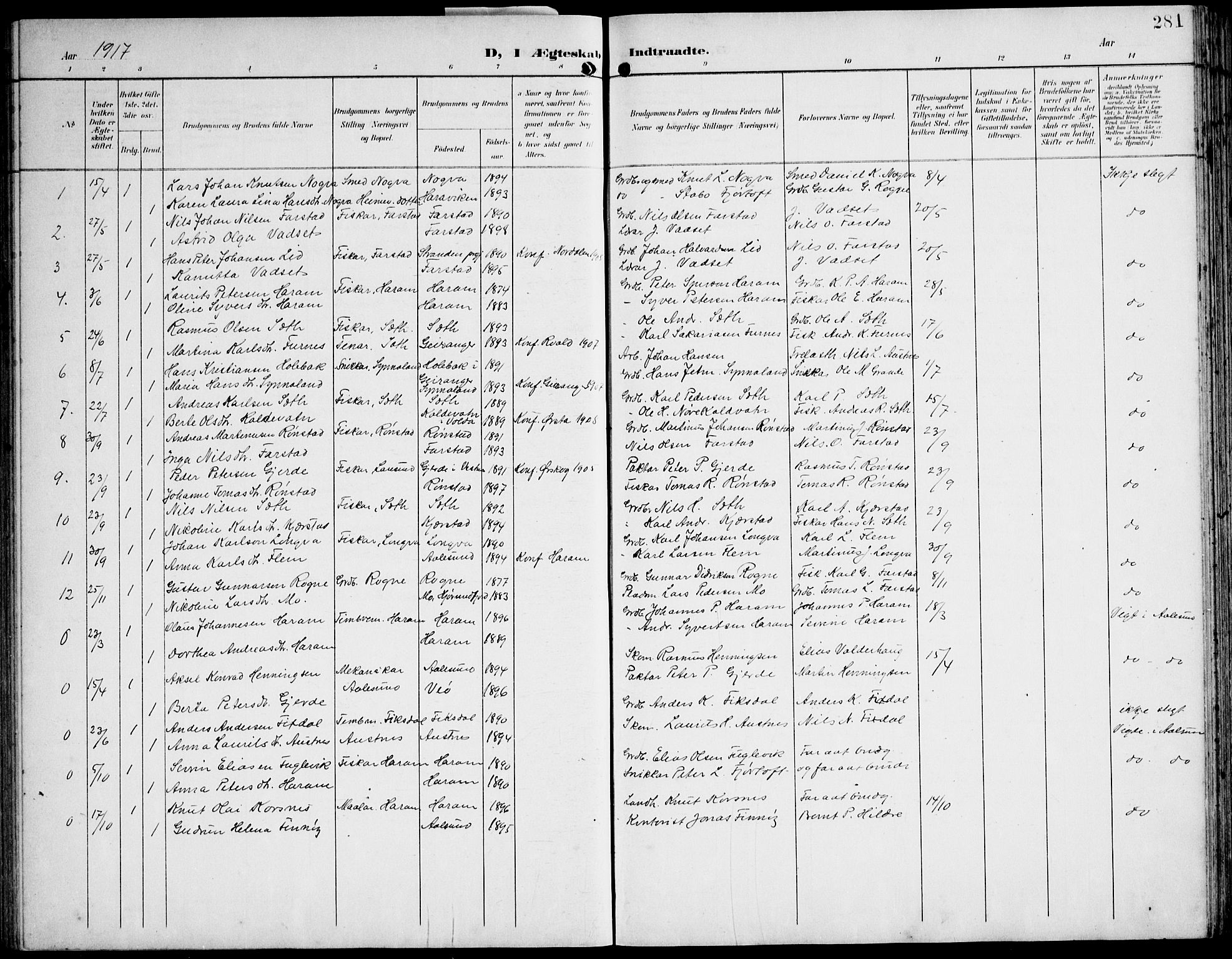 Ministerialprotokoller, klokkerbøker og fødselsregistre - Møre og Romsdal, AV/SAT-A-1454/536/L0511: Parish register (copy) no. 536C06, 1899-1944, p. 281