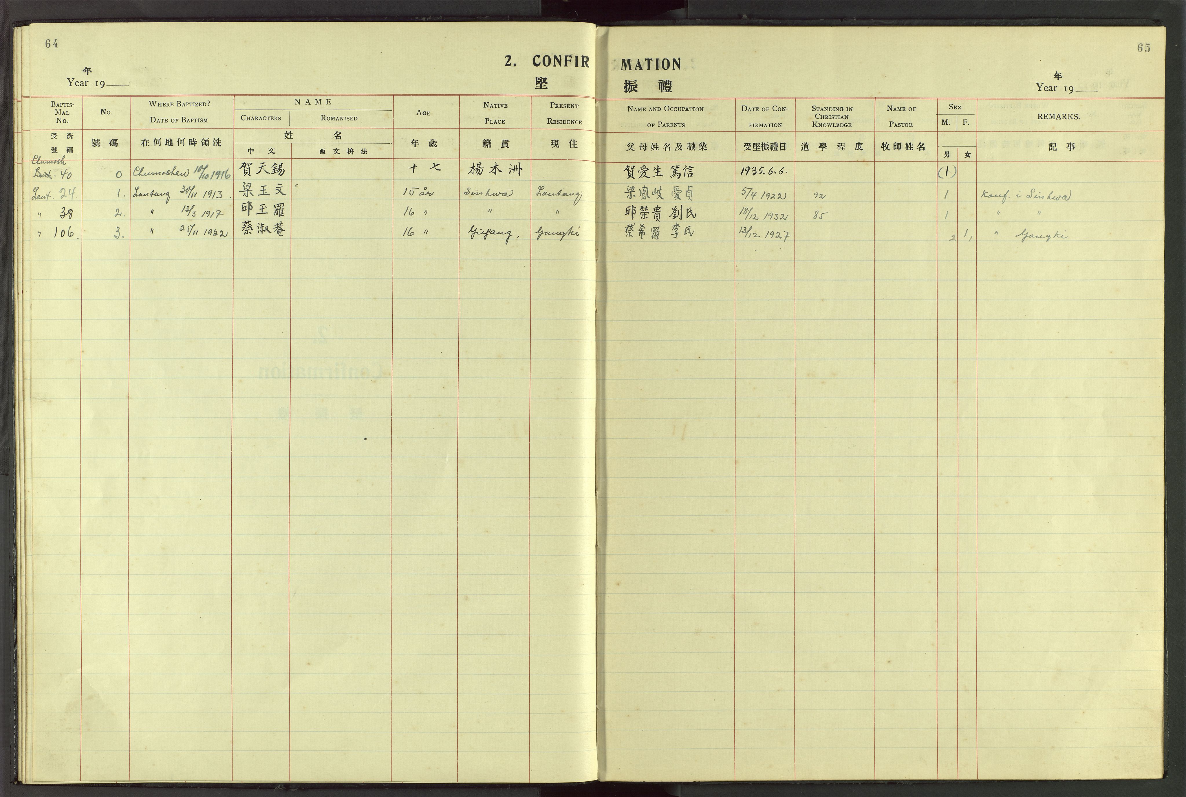 Det Norske Misjonsselskap - utland - Kina (Hunan), VID/MA-A-1065/Dm/L0053: Parish register (official) no. 91, 1912-1948, p. 64-65