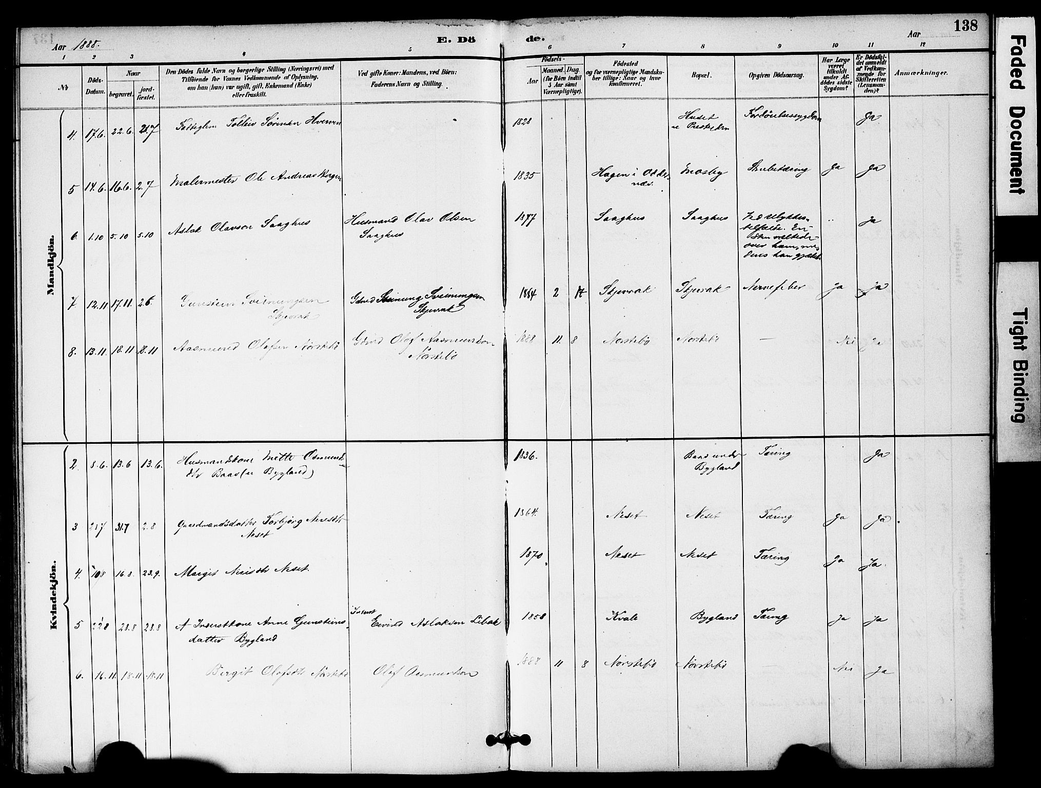 Bygland sokneprestkontor, SAK/1111-0006/F/Fa/Fab/L0007: Parish register (official) no. A 7, 1885-1909, p. 138