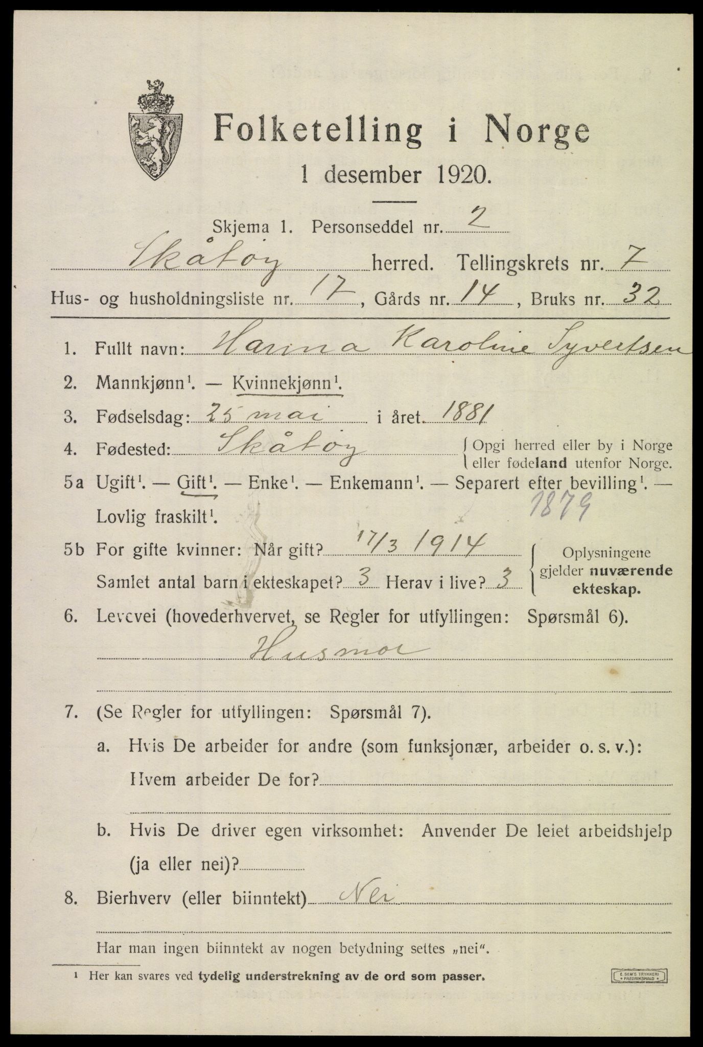 SAKO, 1920 census for Skåtøy, 1920, p. 5486