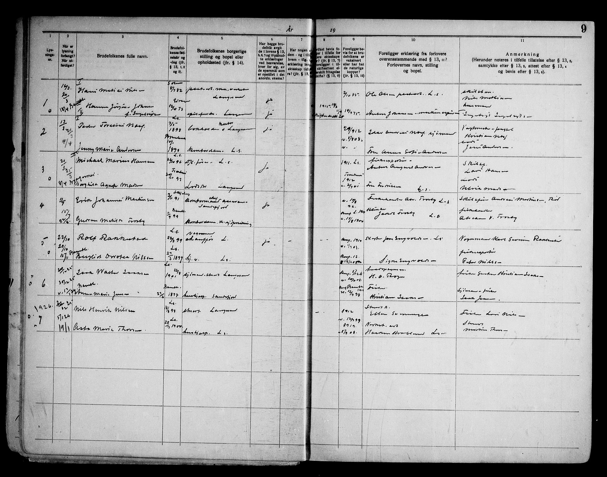 Langesund kirkebøker, SAKO/A-280/H/Ha/L0001: Banns register no. 1, 1919-1973, p. 9