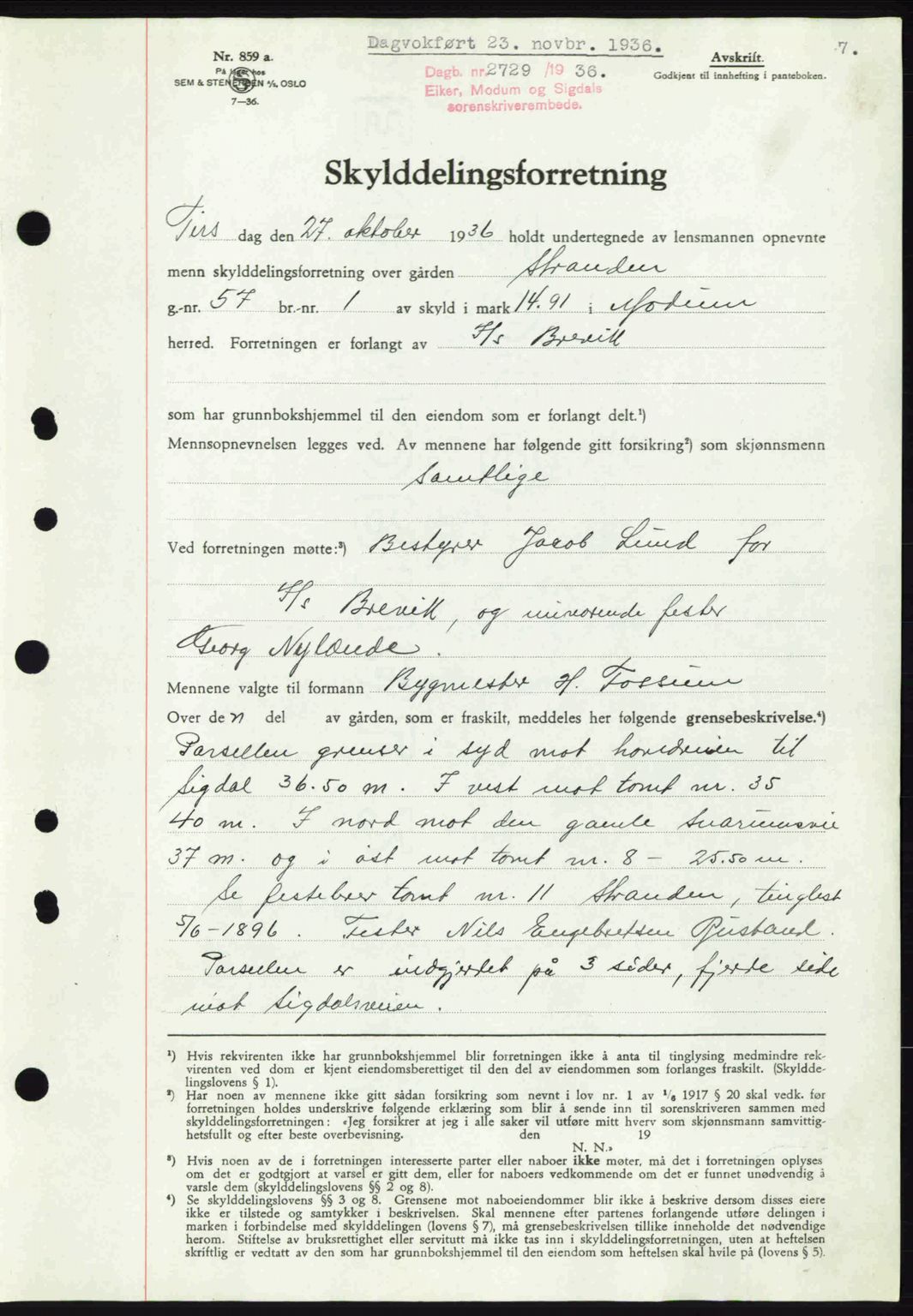 Eiker, Modum og Sigdal sorenskriveri, SAKO/A-123/G/Ga/Gab/L0034: Mortgage book no. A4, 1936-1937, Diary no: : 2729/1936