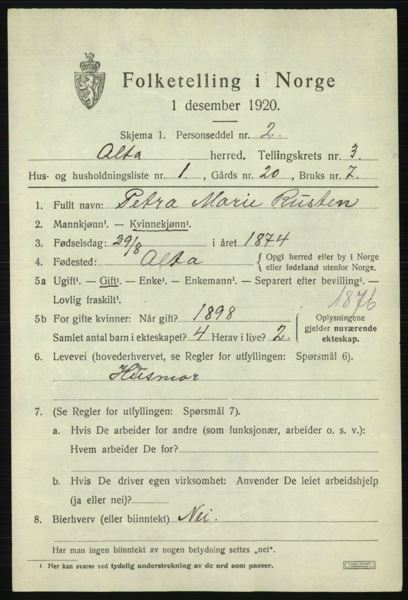 SATØ, 1920 census for Alta, 1920, p. 2275