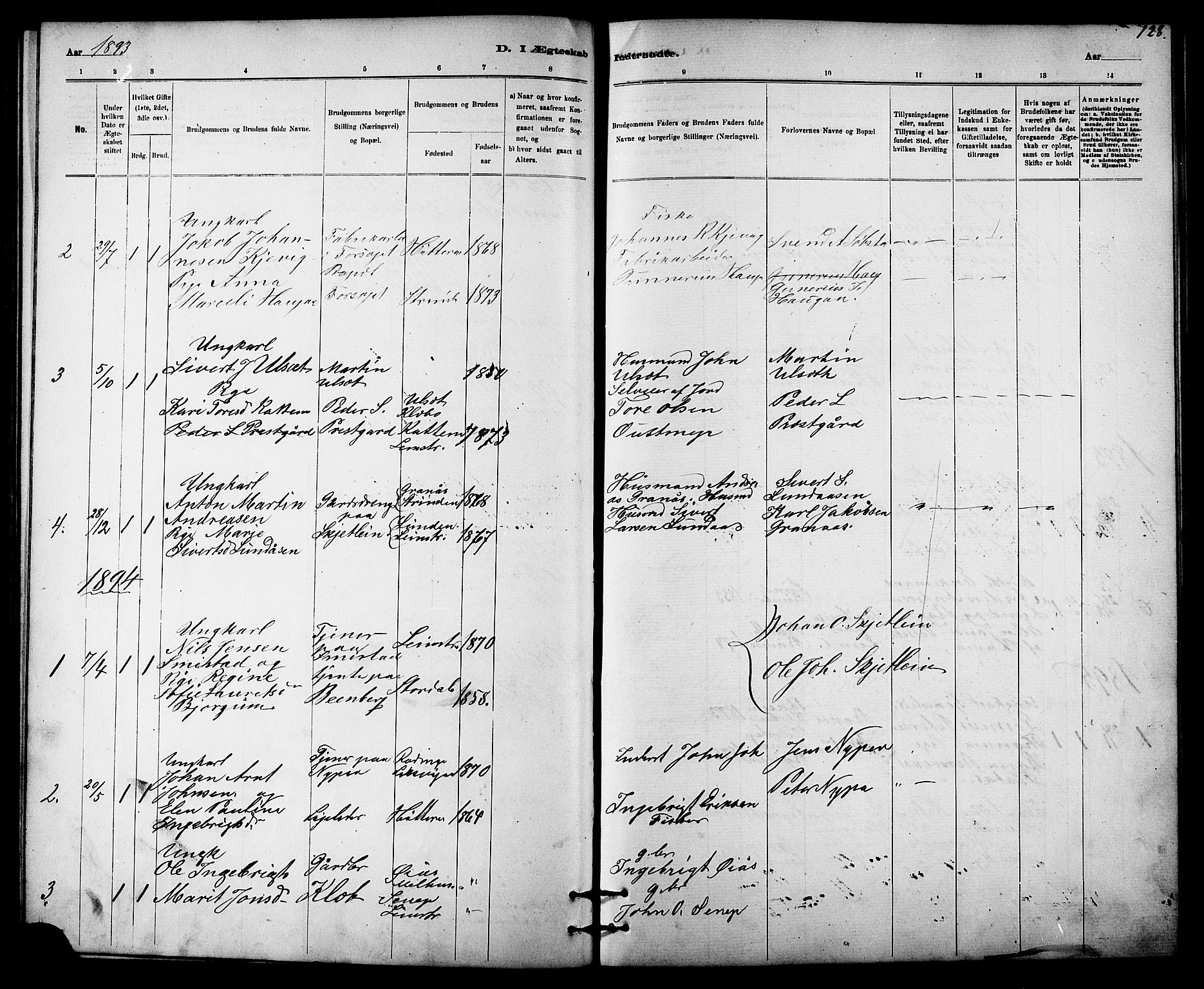 Ministerialprotokoller, klokkerbøker og fødselsregistre - Sør-Trøndelag, SAT/A-1456/613/L0395: Parish register (copy) no. 613C03, 1887-1909, p. 128