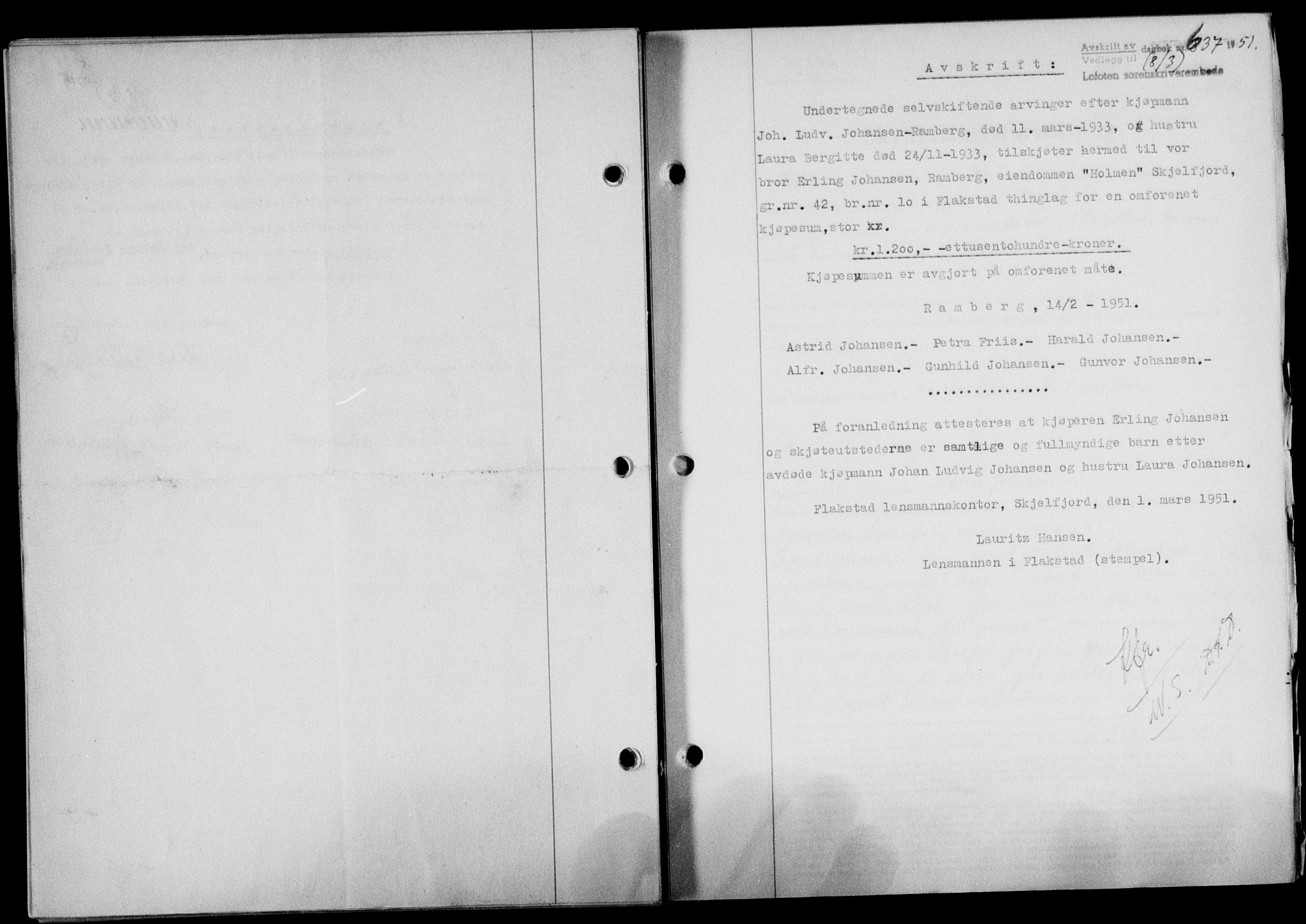 Lofoten sorenskriveri, SAT/A-0017/1/2/2C/L0025a: Mortgage book no. 25a, 1950-1951, Diary no: : 637/1951