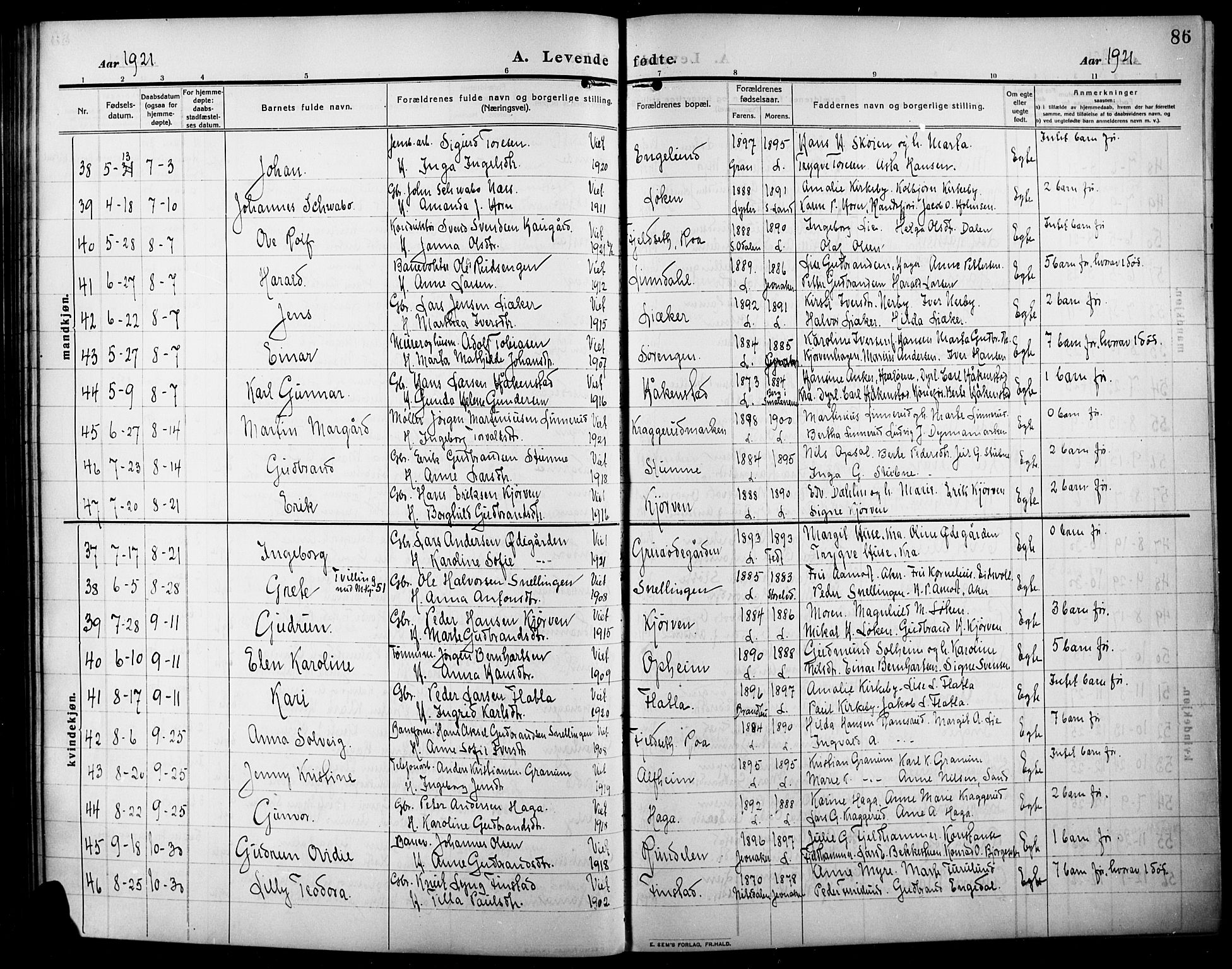 Lunner prestekontor, AV/SAH-PREST-118/H/Ha/Hab/L0001: Parish register (copy) no. 1, 1909-1922, p. 86