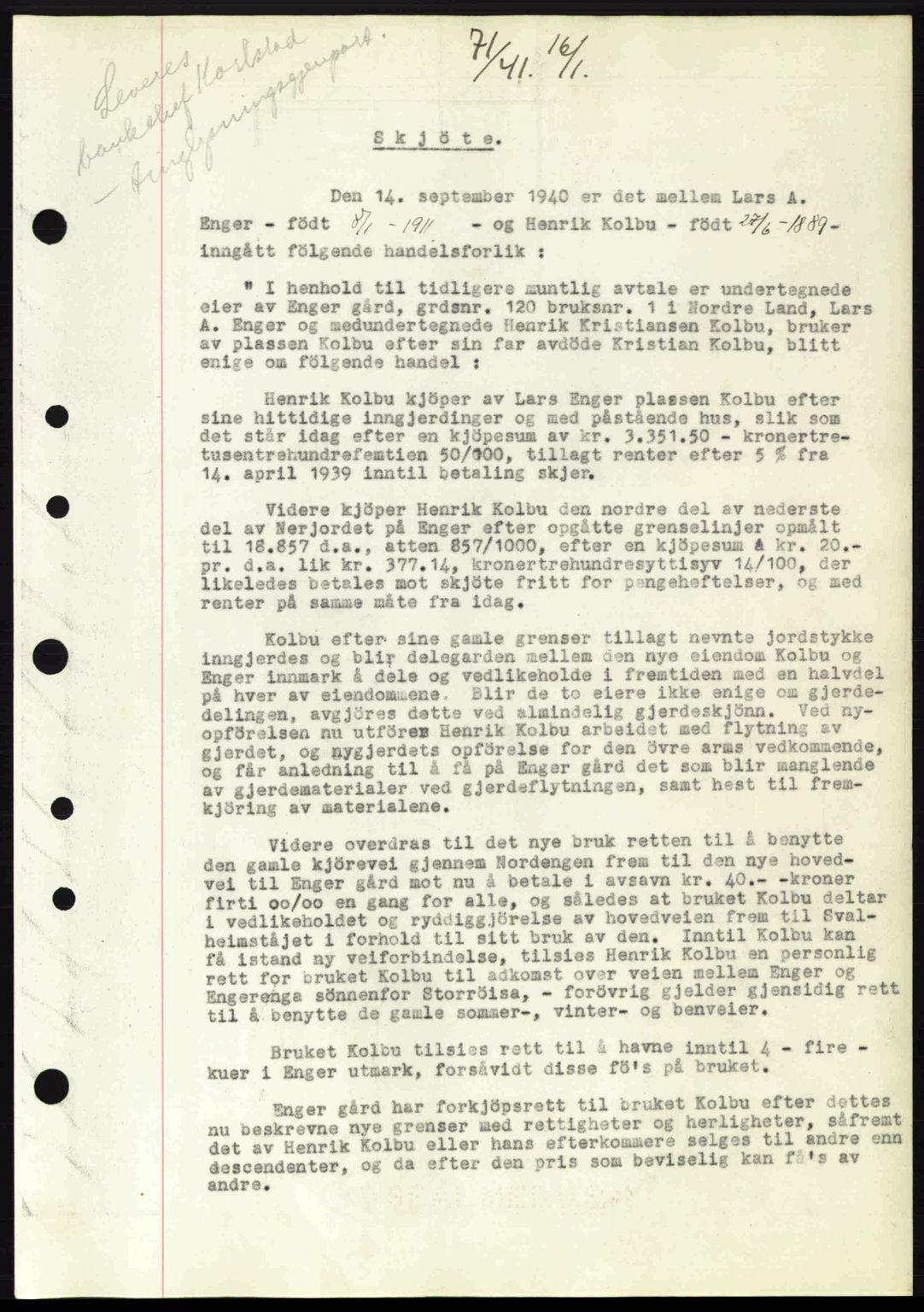 Hadeland og Land tingrett, SAH/TING-010/H/Hb/Hbb/L0081: Mortgage book no. A81, 1941-1941, Diary no: : 71/1941