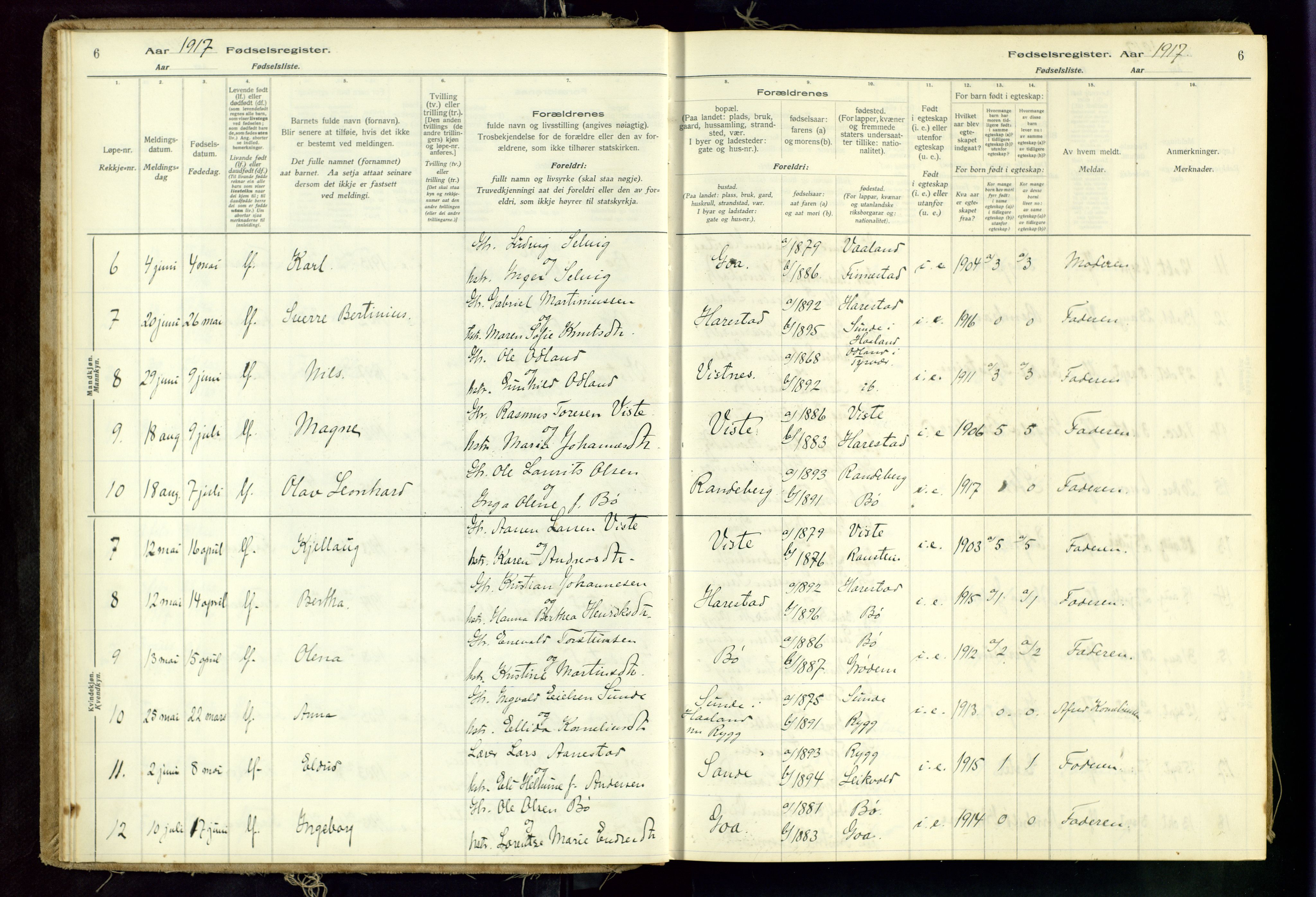 Hetland sokneprestkontor, SAST/A-101826/70/704BA/L0001: Birth register no. 1, 1916-1954, p. 6