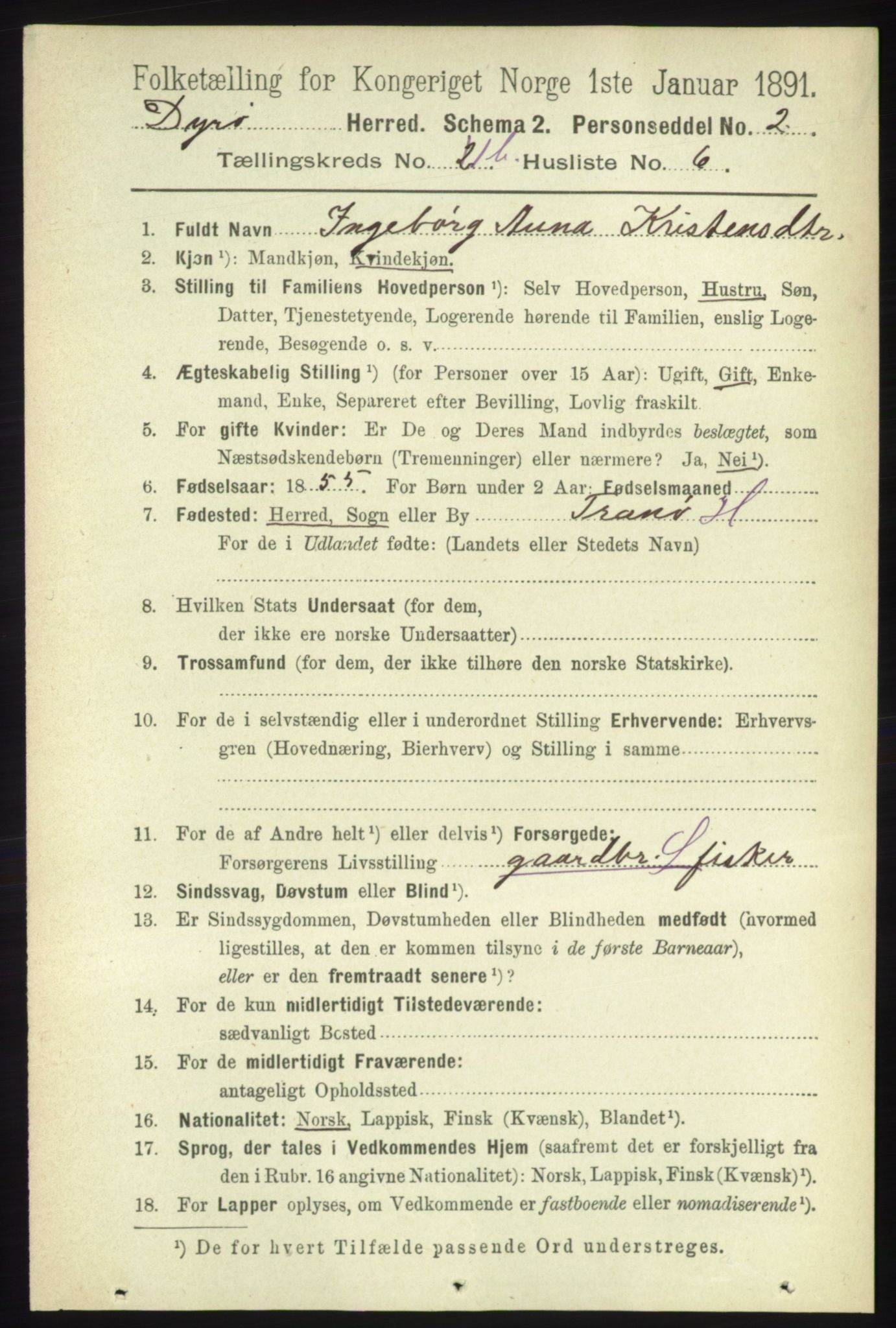 RA, 1891 census for 1926 Dyrøy, 1891, p. 419