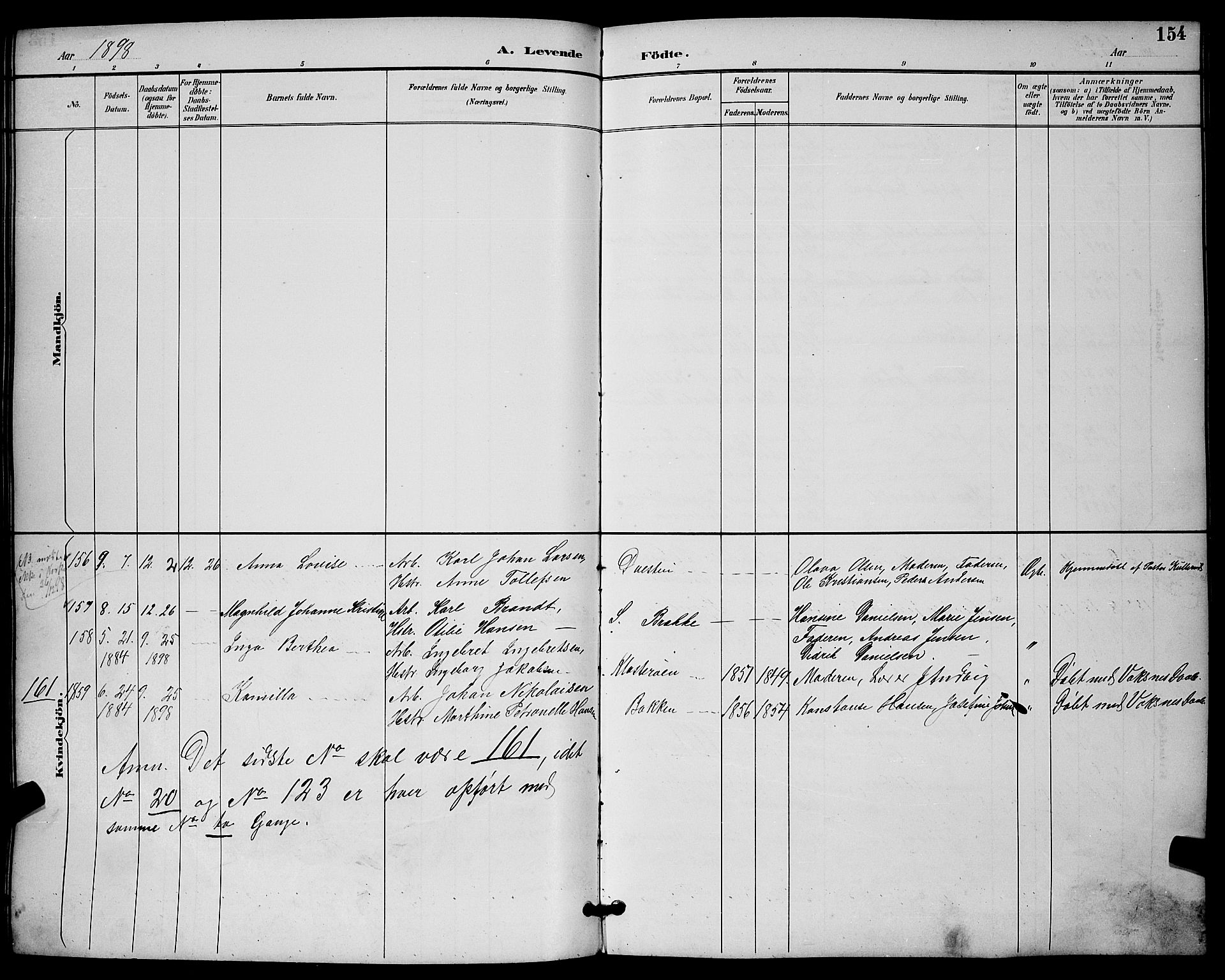 Skien kirkebøker, SAKO/A-302/G/Ga/L0007: Parish register (copy) no. 7, 1891-1900, p. 154