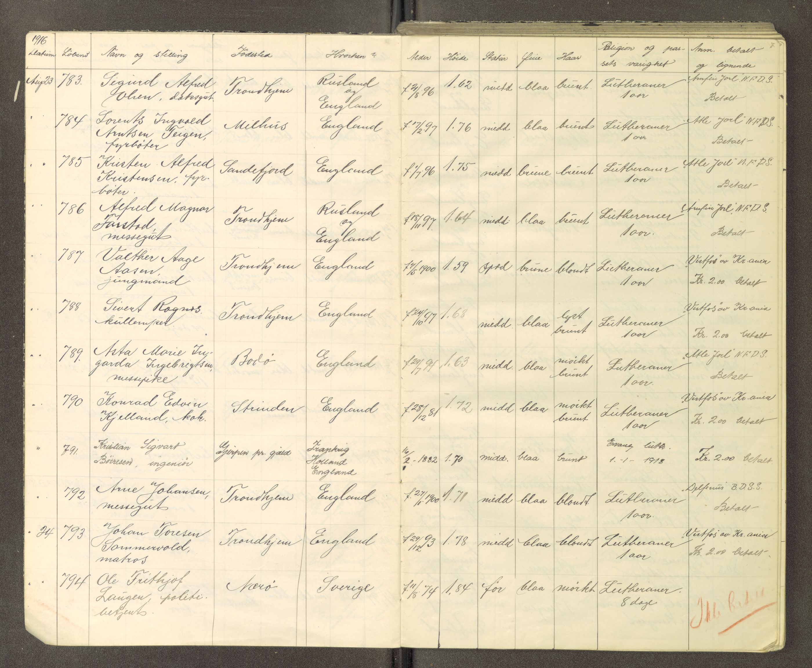 Trondheim politikammer, AV/SAT-A-1887/1/30/L0015: Passprotokoll. Utstedte pass, 1916-1918, p. 7