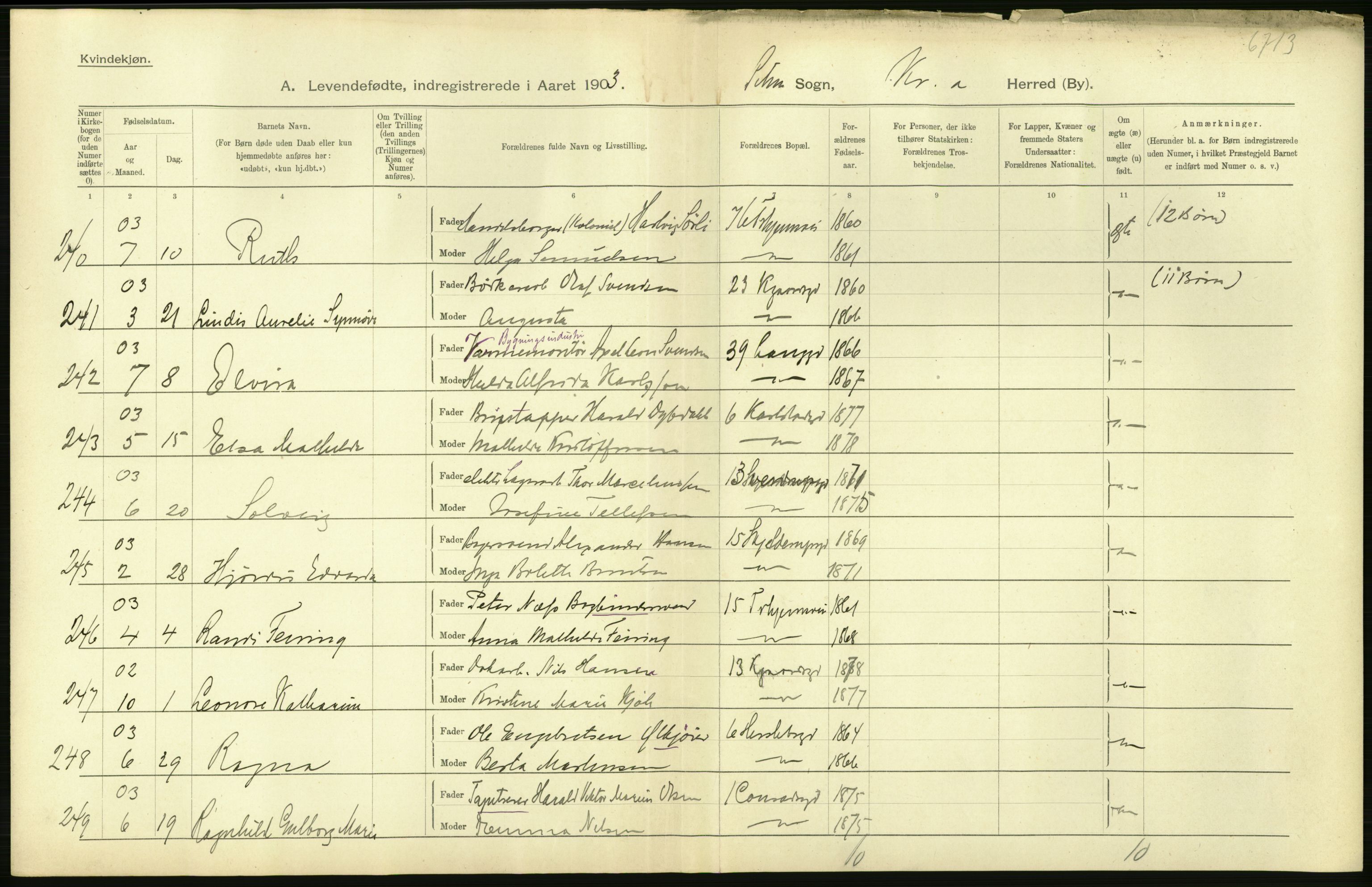 Statistisk sentralbyrå, Sosiodemografiske emner, Befolkning, AV/RA-S-2228/D/Df/Dfa/Dfaa/L0003: Kristiania: Fødte, 1903, p. 36