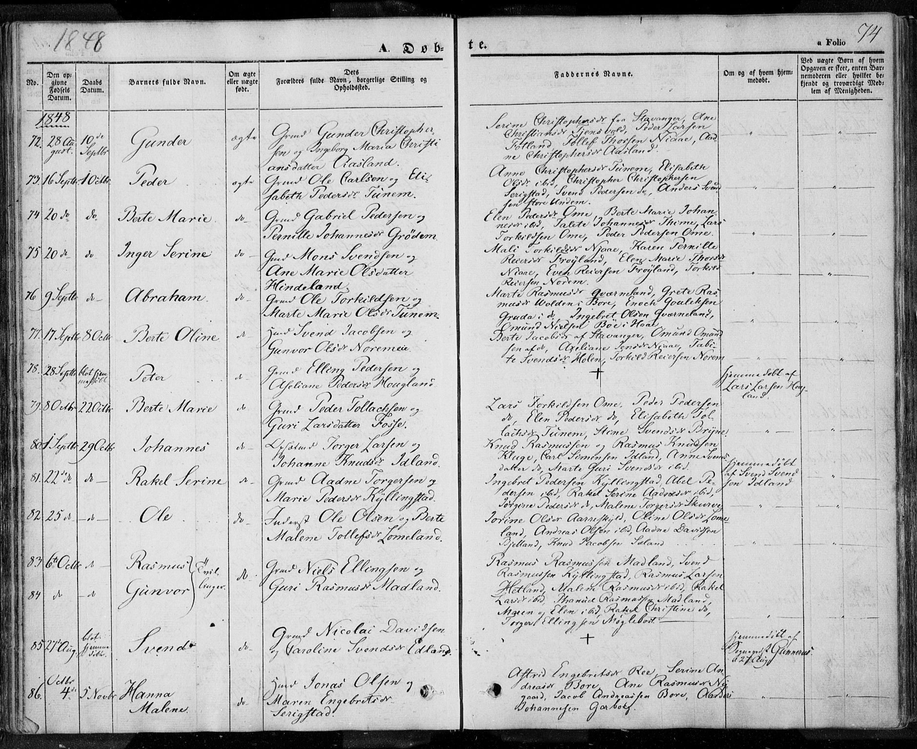 Lye sokneprestkontor, AV/SAST-A-101794/001/30BA/L0005: Parish register (official) no. A 5.1, 1842-1855, p. 74