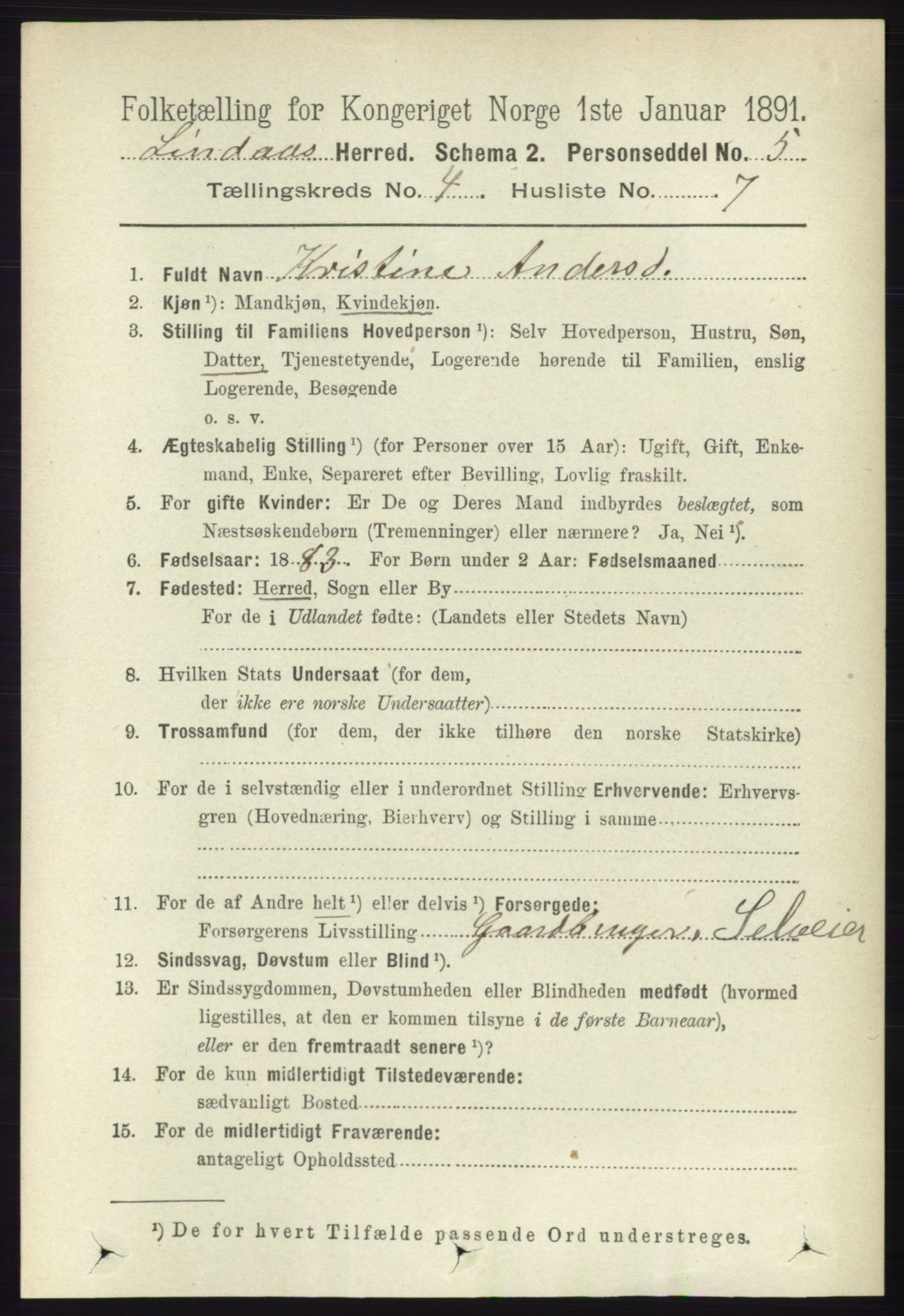 RA, 1891 census for 1263 Lindås, 1891, p. 1176