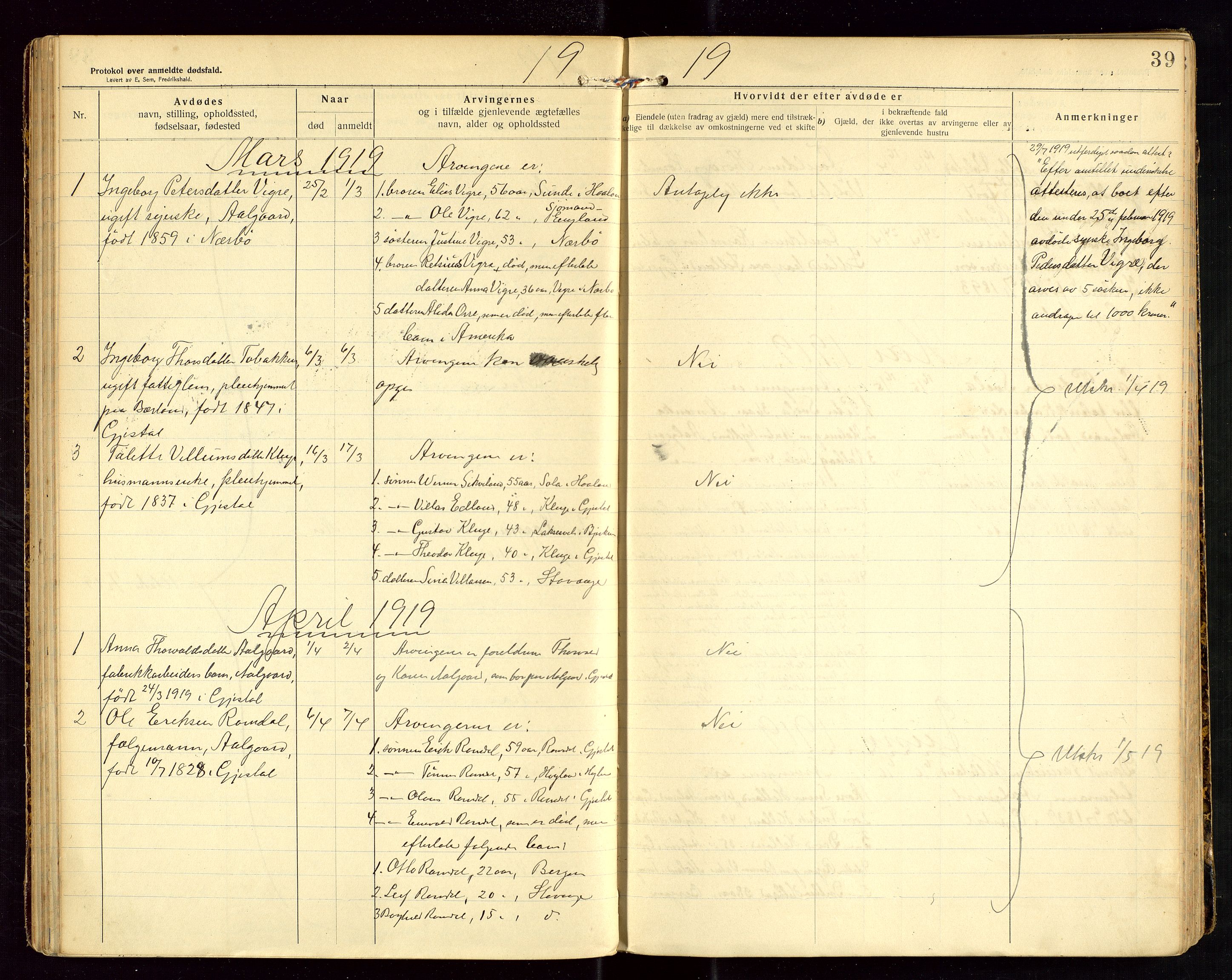 Gjesdal lensmannskontor, AV/SAST-A-100441/Gga/L0002: Dødsfallprotokoll, 1911-1933, p. 39