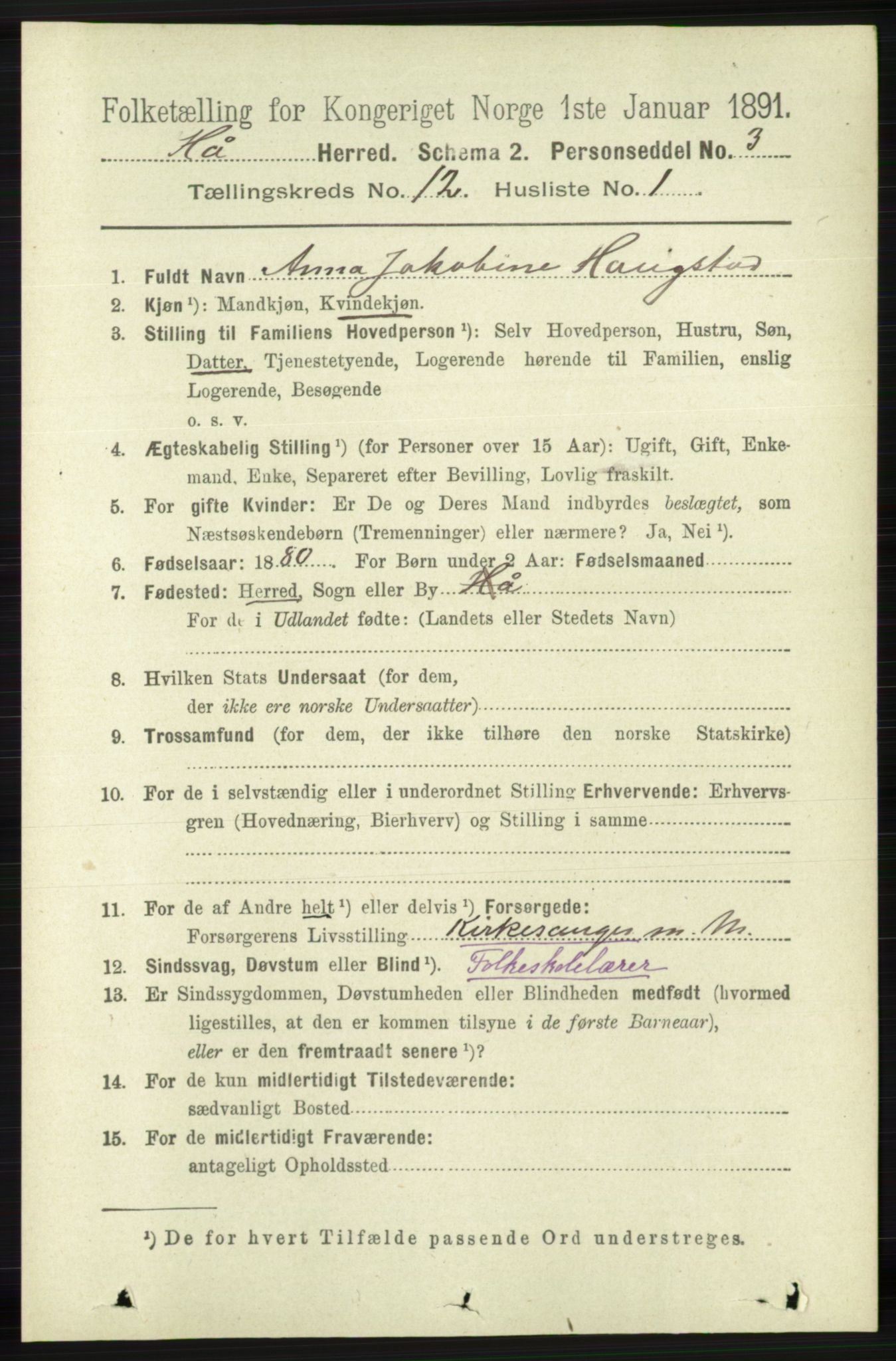 RA, 1891 census for 1119 Hå, 1891, p. 2885