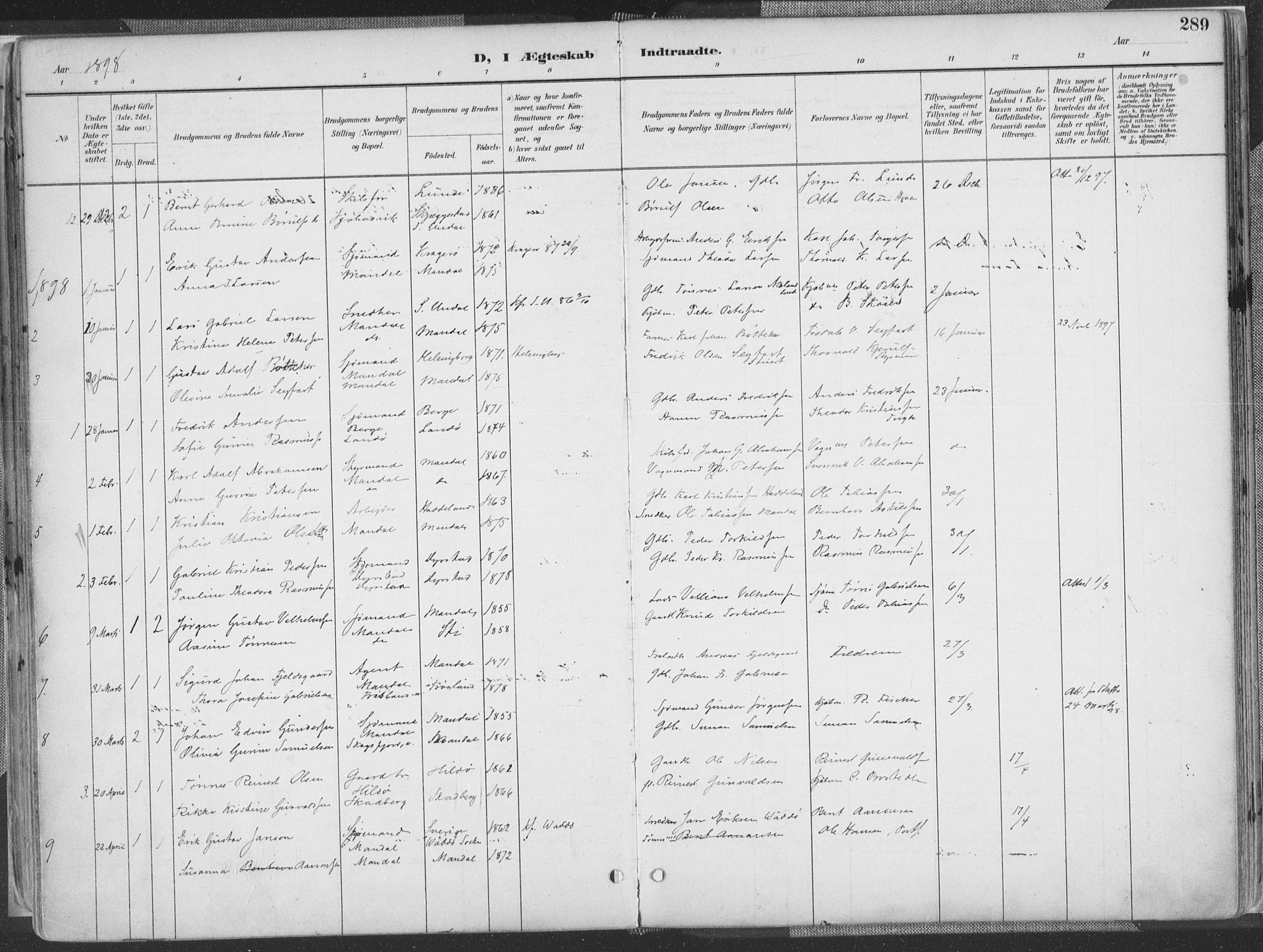 Mandal sokneprestkontor, SAK/1111-0030/F/Fa/Faa/L0018: Parish register (official) no. A 18, 1890-1905, p. 289