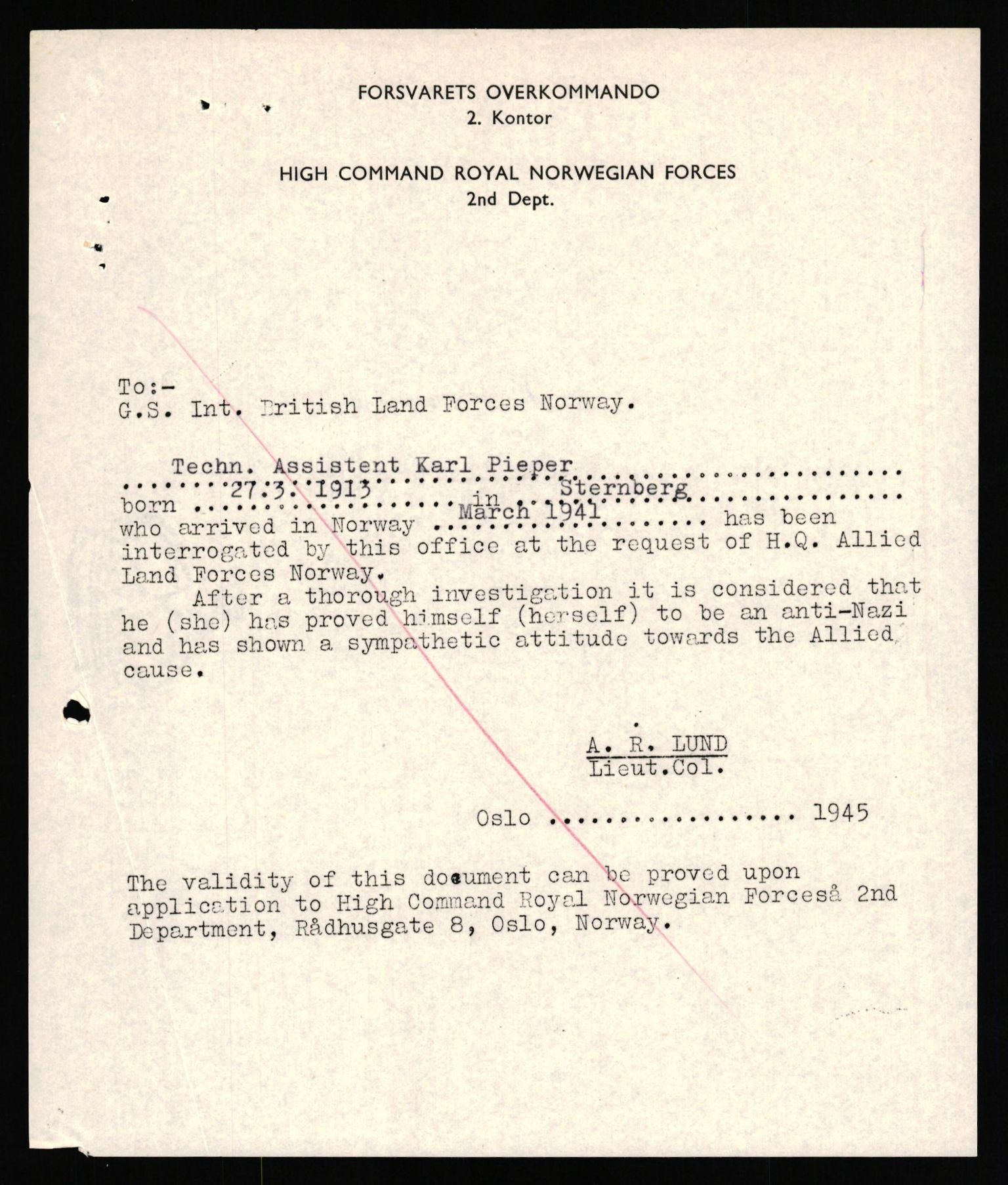 Forsvaret, Forsvarets overkommando II, AV/RA-RAFA-3915/D/Db/L0026: CI Questionaires. Tyske okkupasjonsstyrker i Norge. Tyskere., 1945-1946, p. 143