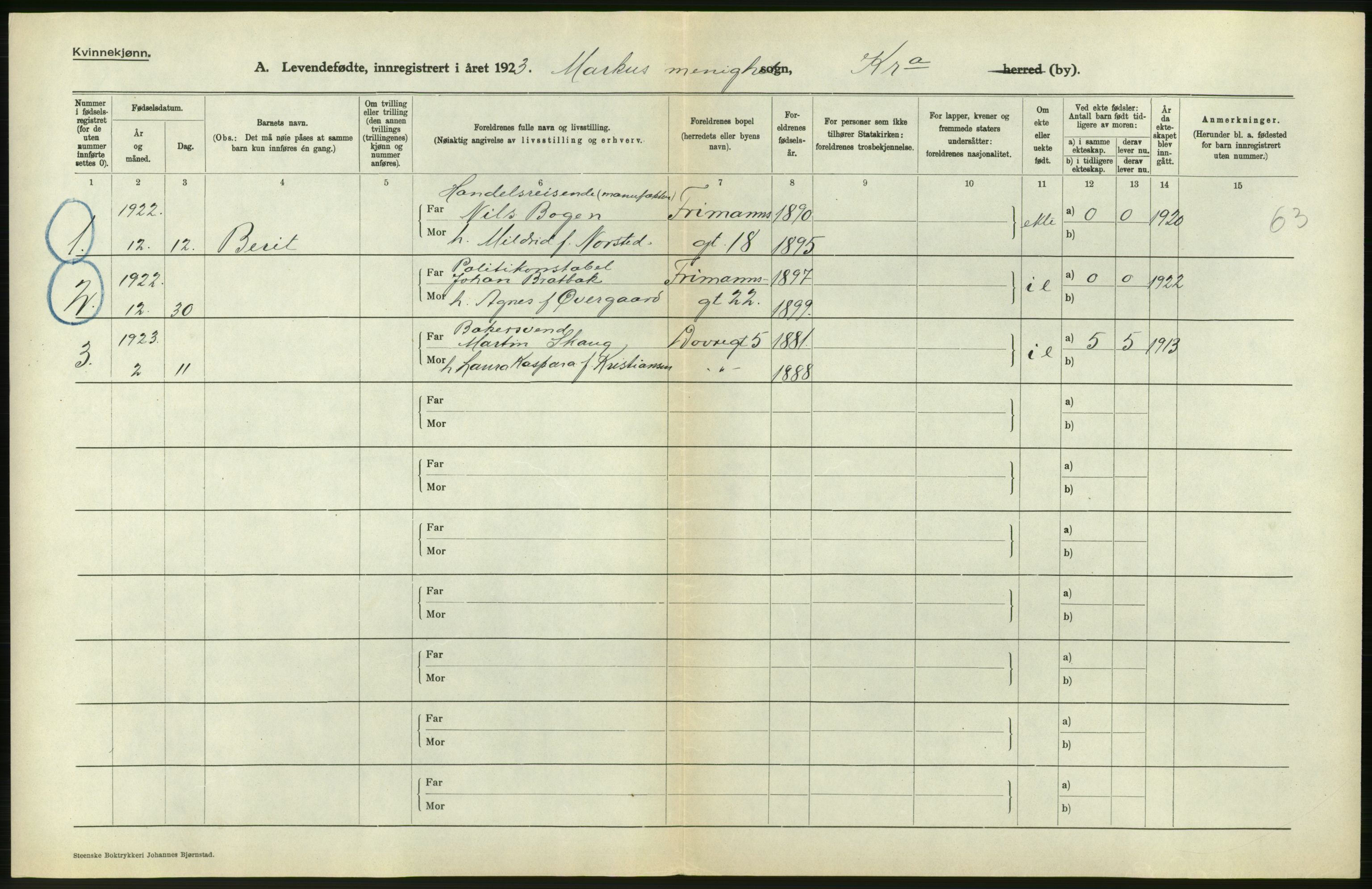 Statistisk sentralbyrå, Sosiodemografiske emner, Befolkning, RA/S-2228/D/Df/Dfc/Dfcc/L0007: Kristiania: Levendefødte menn og kvinner., 1923, p. 540