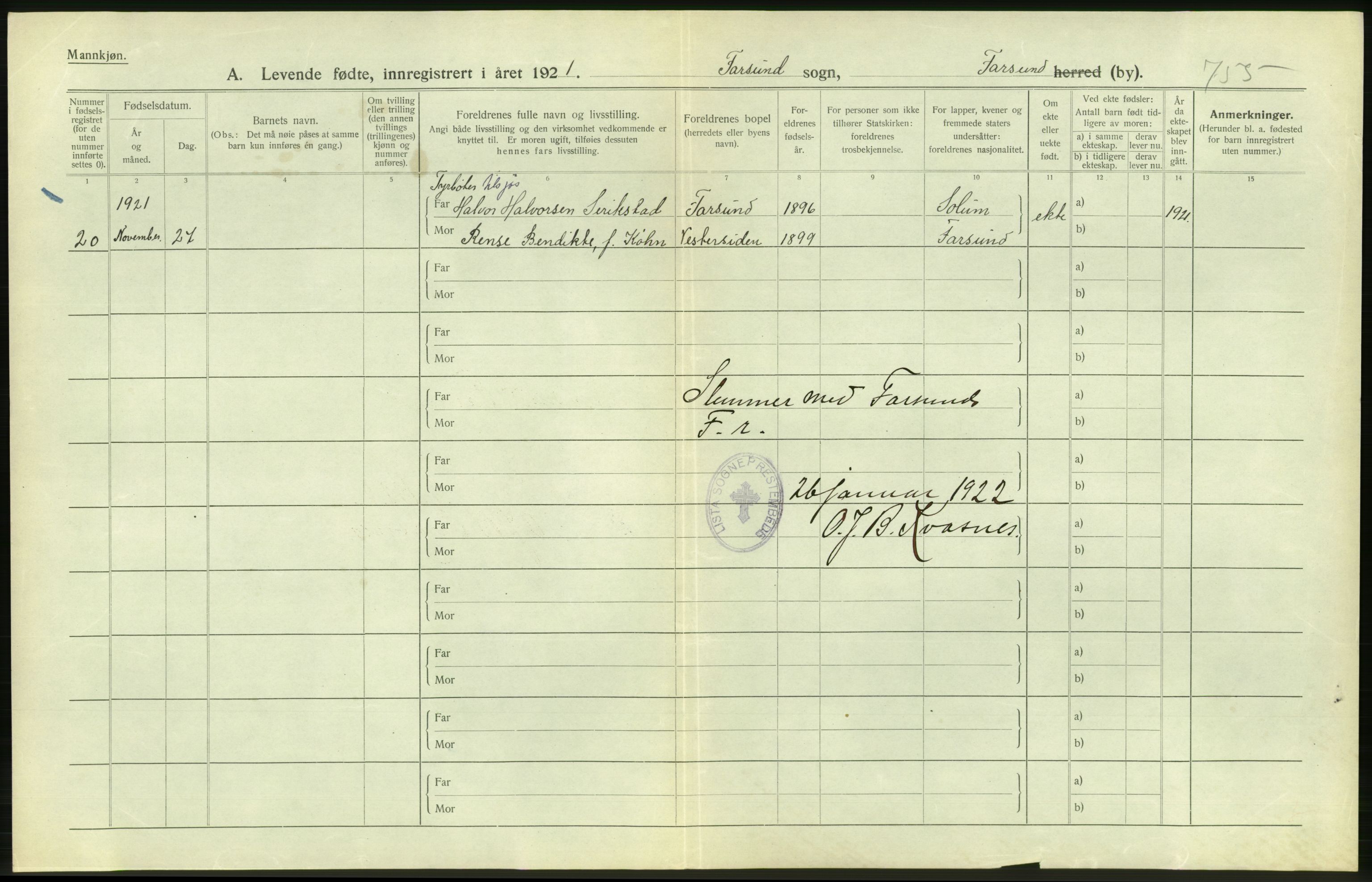 Statistisk sentralbyrå, Sosiodemografiske emner, Befolkning, AV/RA-S-2228/D/Df/Dfc/Dfca/L0026: Vest-Agder fylke: Levendefødte menn og kvinner. Bygder og byer., 1921, p. 388