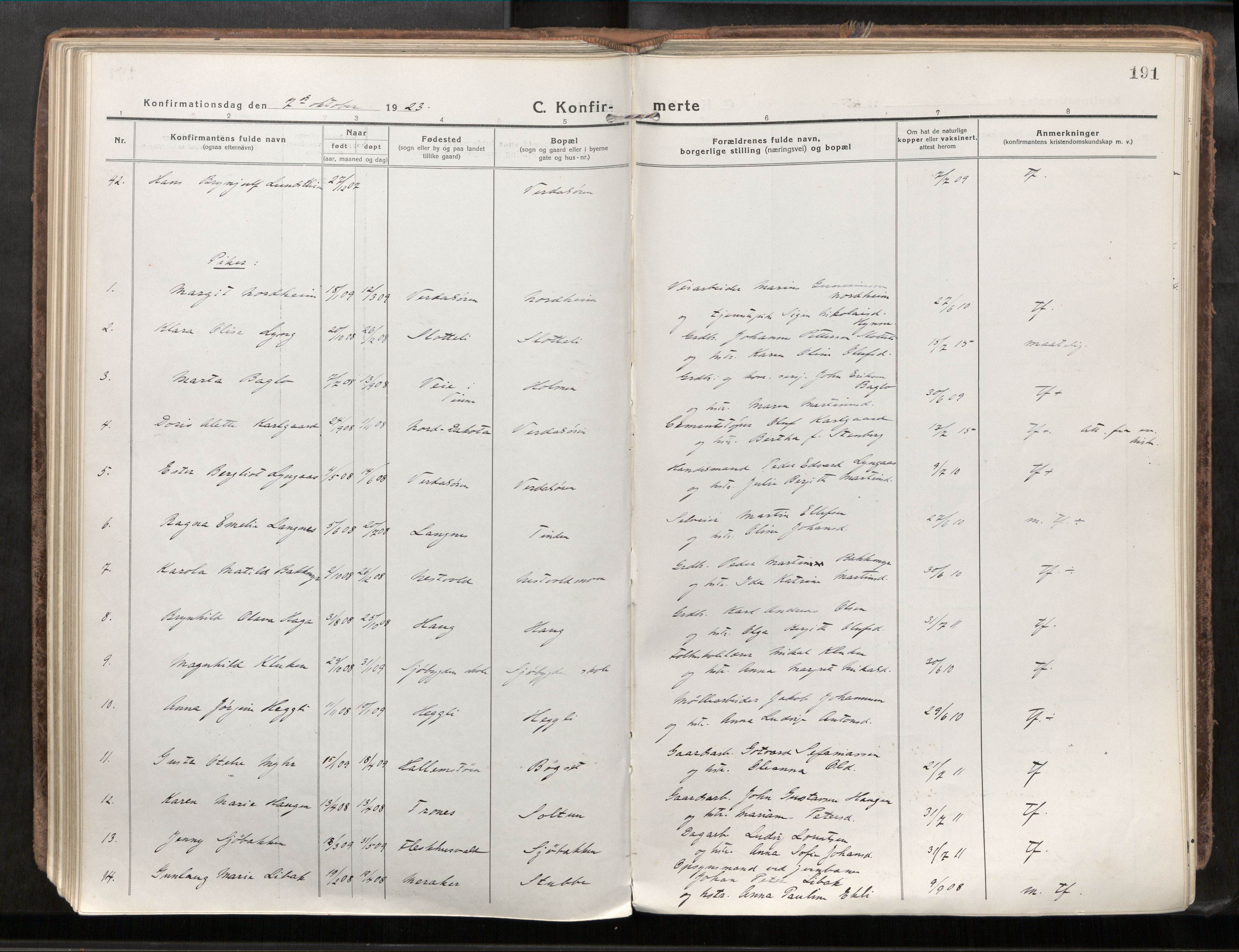 Verdal sokneprestkontor, AV/SAT-A-1156/2/H/Haa/L0001: Parish register (official) no. 1, 1917-1932, p. 191