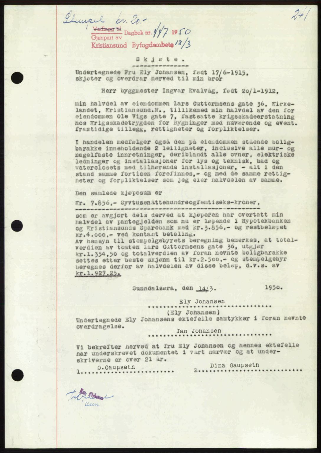 Kristiansund byfogd, AV/SAT-A-4587/A/27: Mortgage book no. 46, 1949-1950, Diary no: : 447/1950