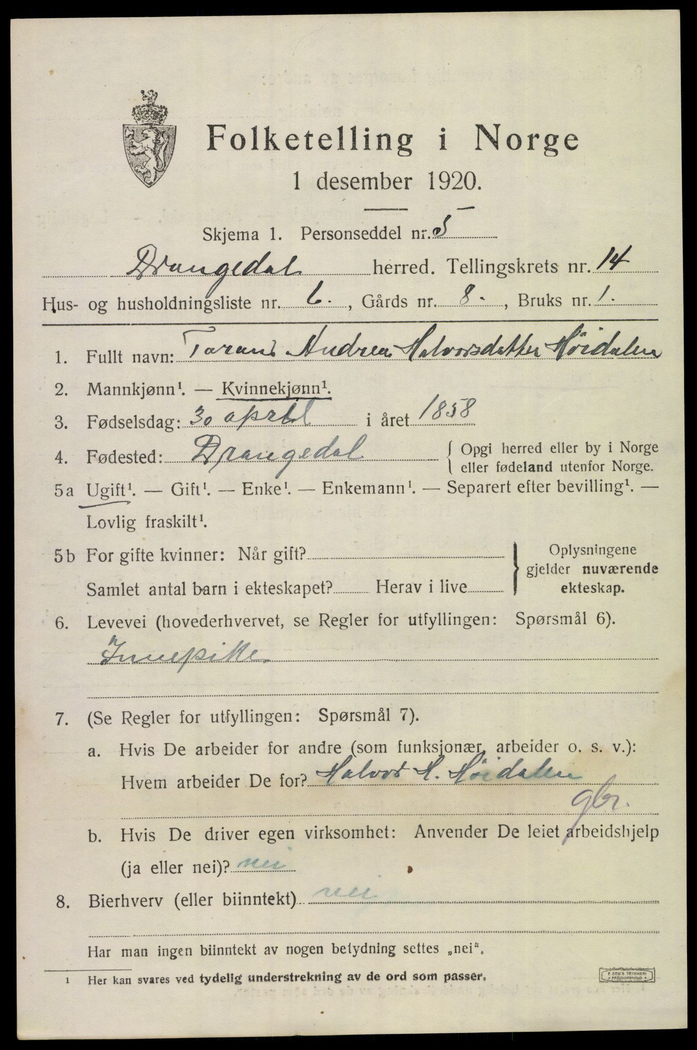 SAKO, 1920 census for Drangedal, 1920, p. 7599