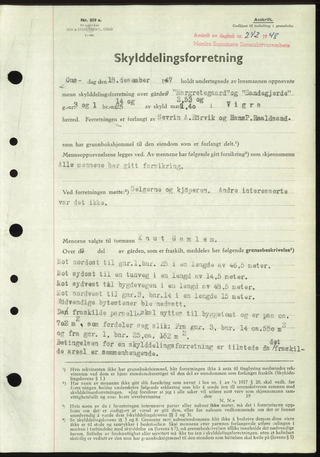 Nordre Sunnmøre sorenskriveri, AV/SAT-A-0006/1/2/2C/2Ca: Mortgage book no. A26, 1947-1948, Diary no: : 242/1948