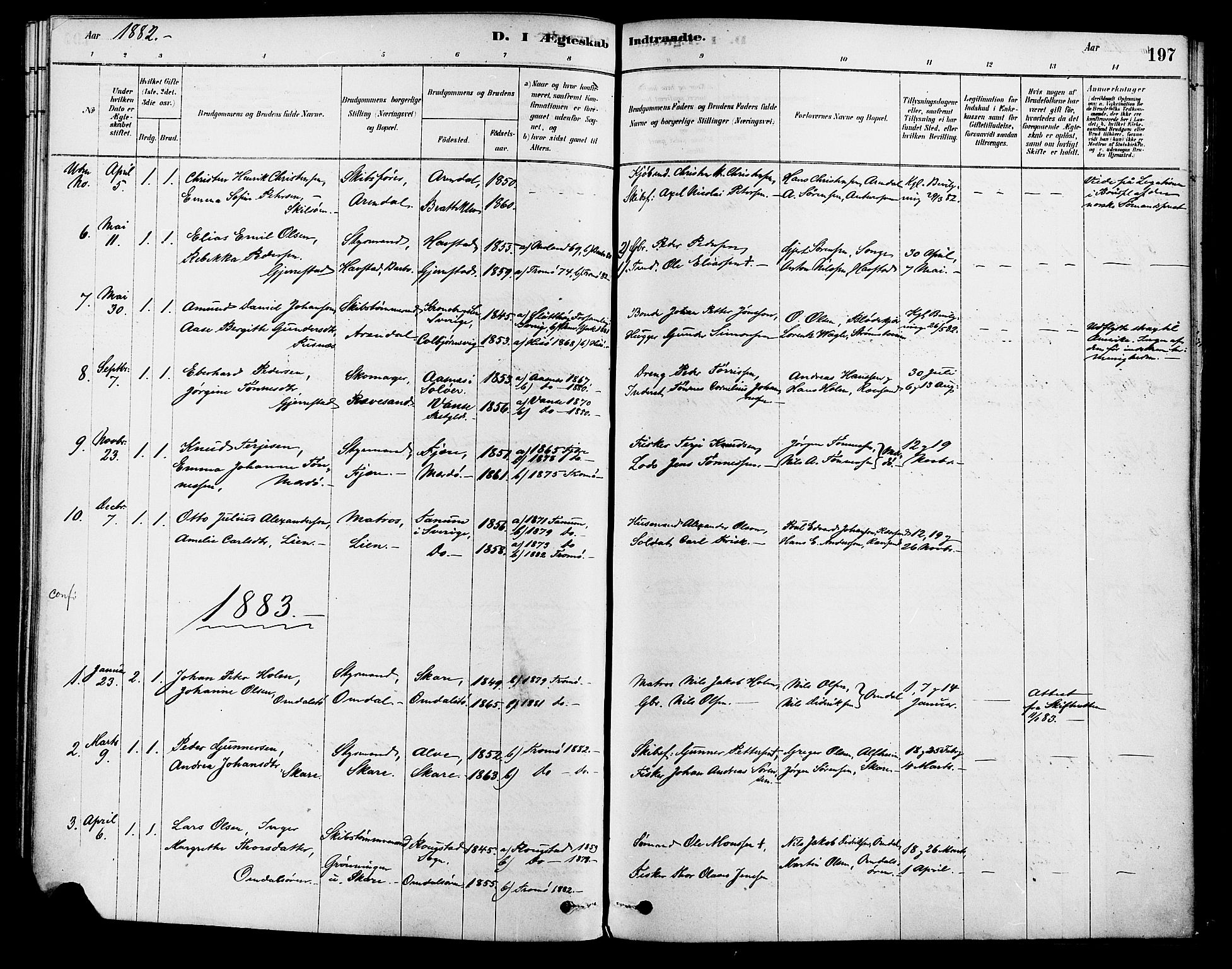 Tromøy sokneprestkontor, AV/SAK-1111-0041/F/Fa/L0009: Parish register (official) no. A 9, 1878-1896, p. 197