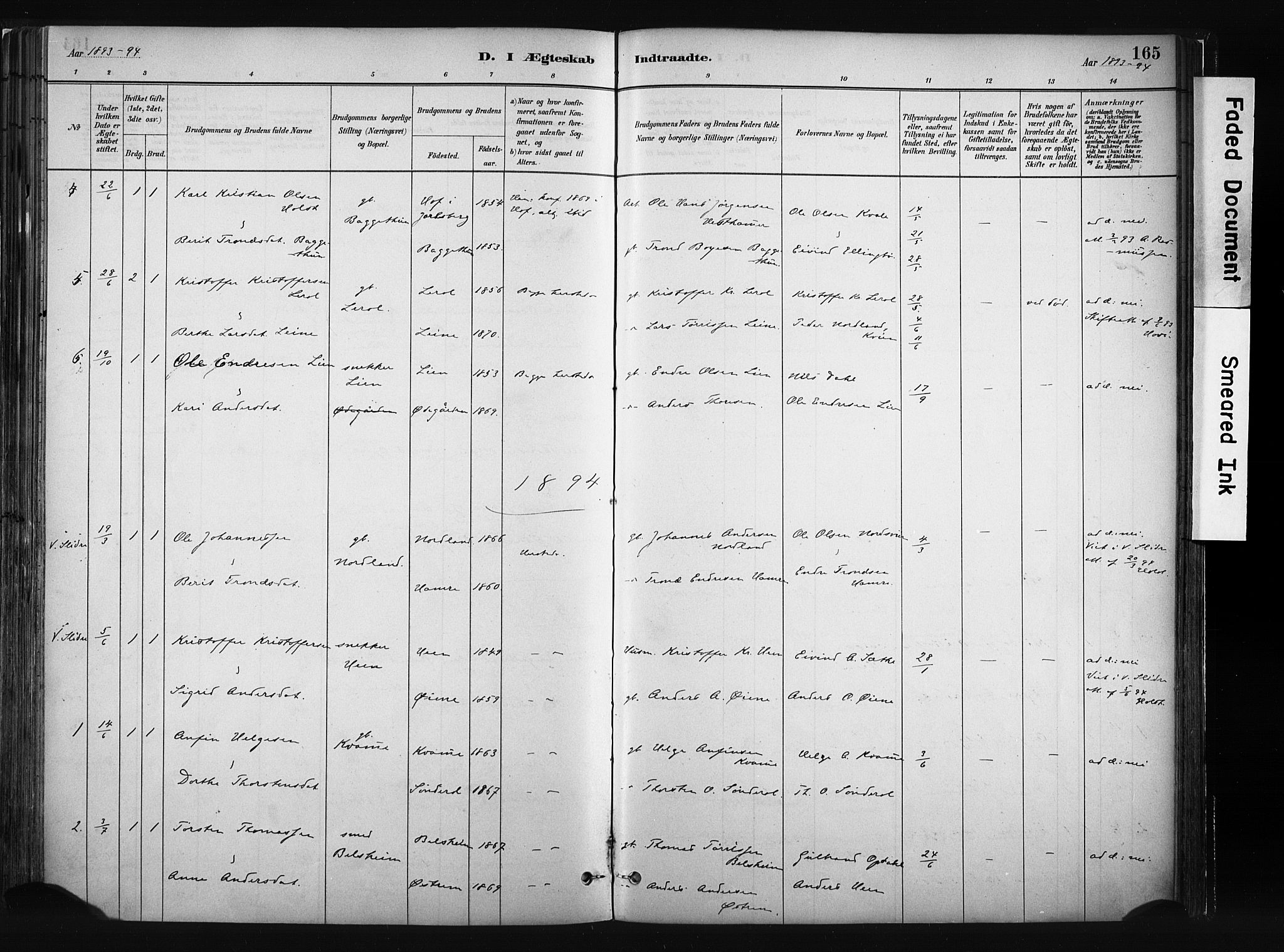 Vang prestekontor, Valdres, SAH/PREST-140/H/Ha/L0008: Parish register (official) no. 8, 1882-1910, p. 165