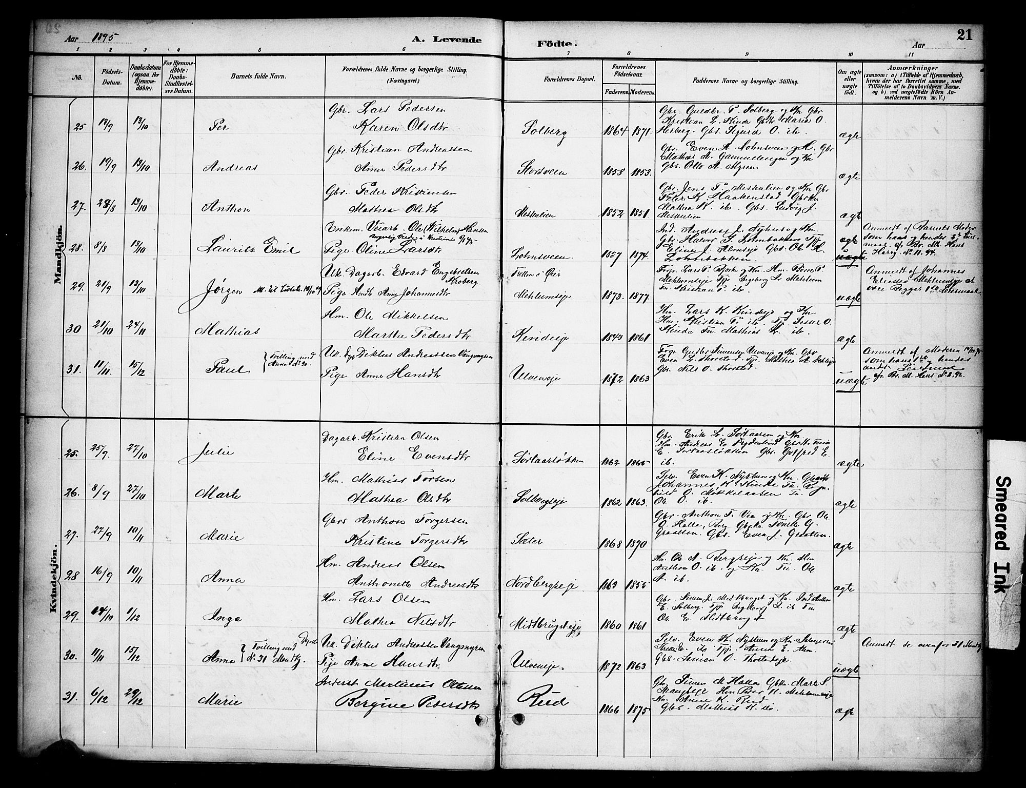 Ringsaker prestekontor, AV/SAH-PREST-014/K/Ka/L0015: Parish register (official) no. 15, 1891-1904, p. 21